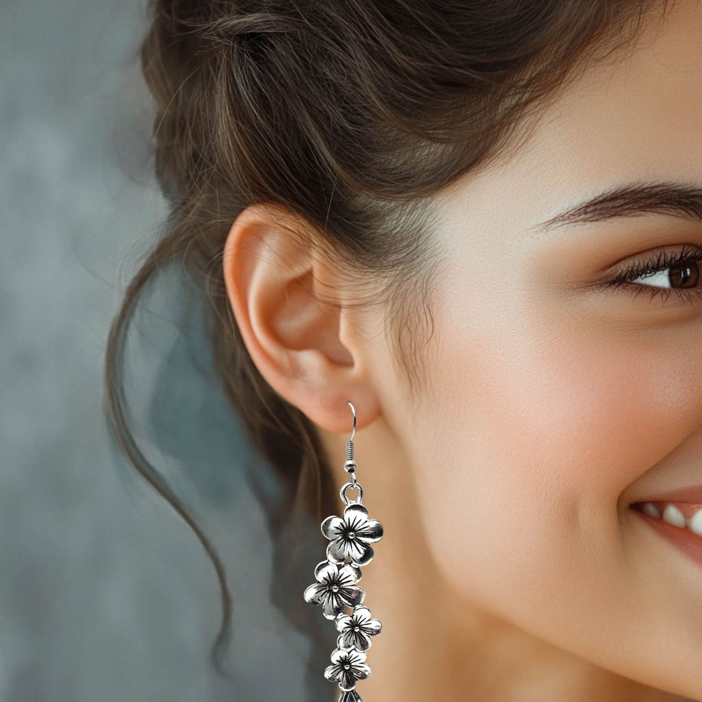 Long Flower Garland Earrings, Tibetan Silver Charms, 74mm Long