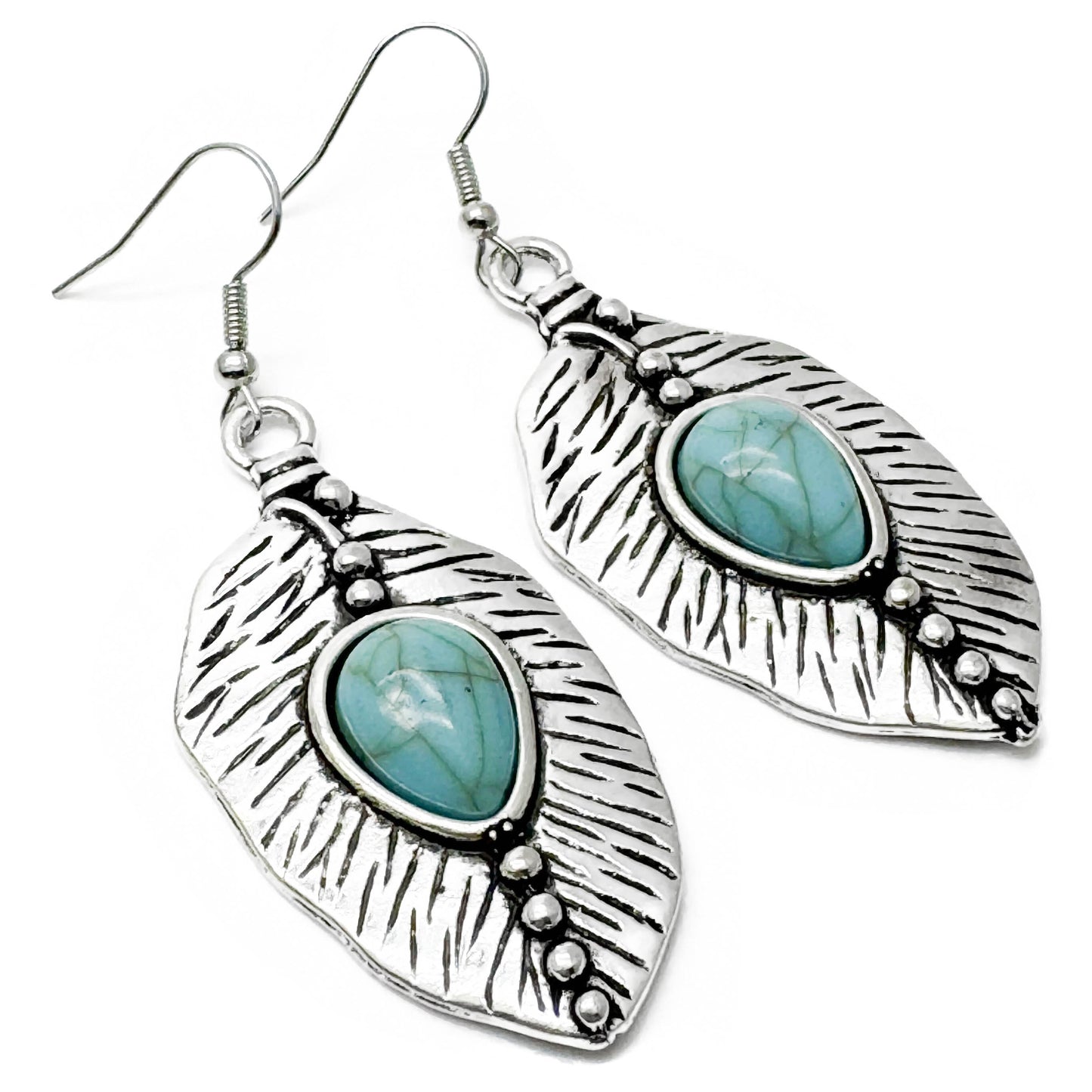 Large Leaf Earrings, Tibetan Silver Charms with Turquoise Blue Resin
