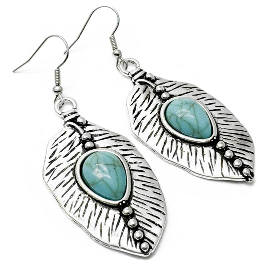 Large Leaf Earrings, Tibetan Silver Charms with Turquoise Blue Resin