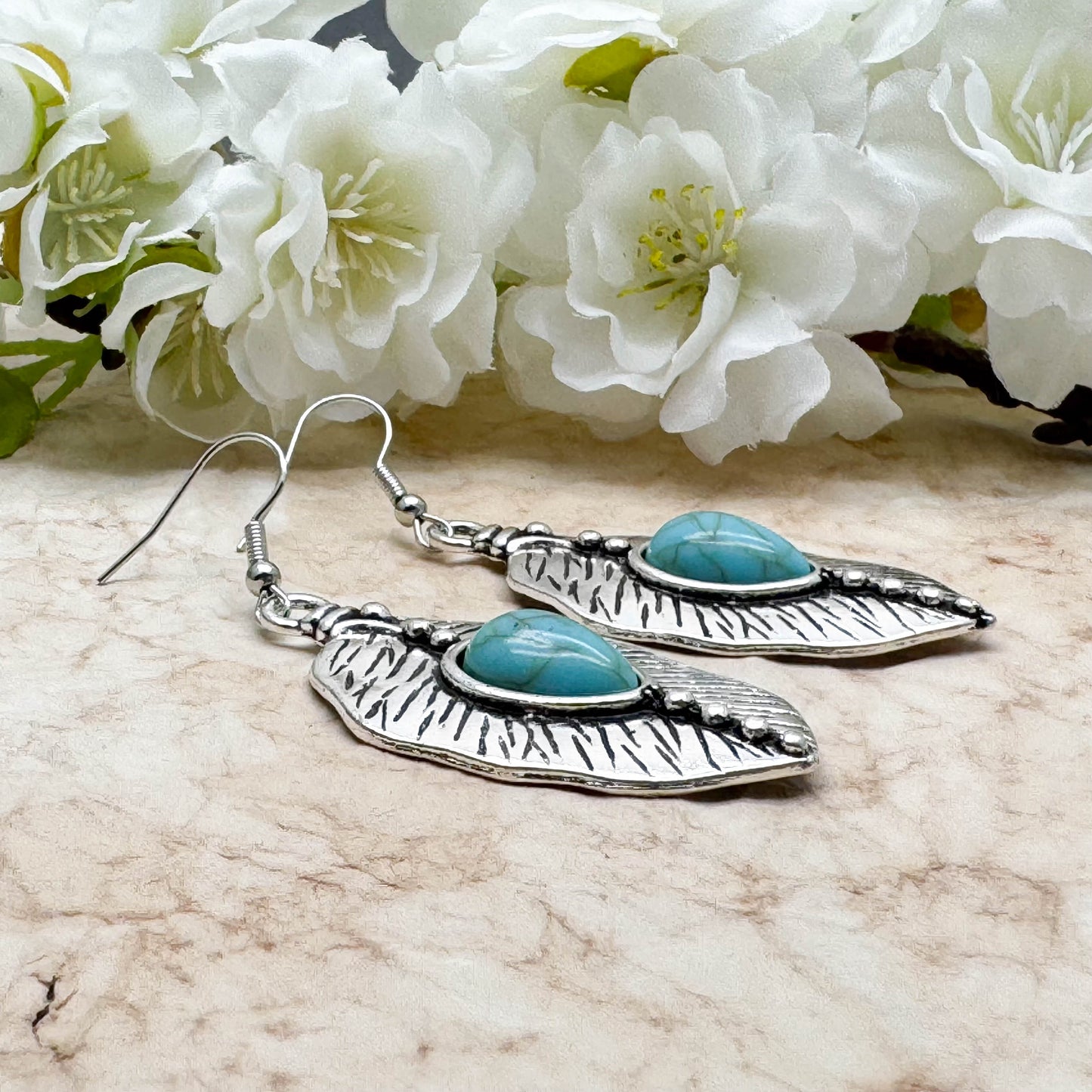 Large Leaf Earrings, Tibetan Silver Charms with Turquoise Blue Resin