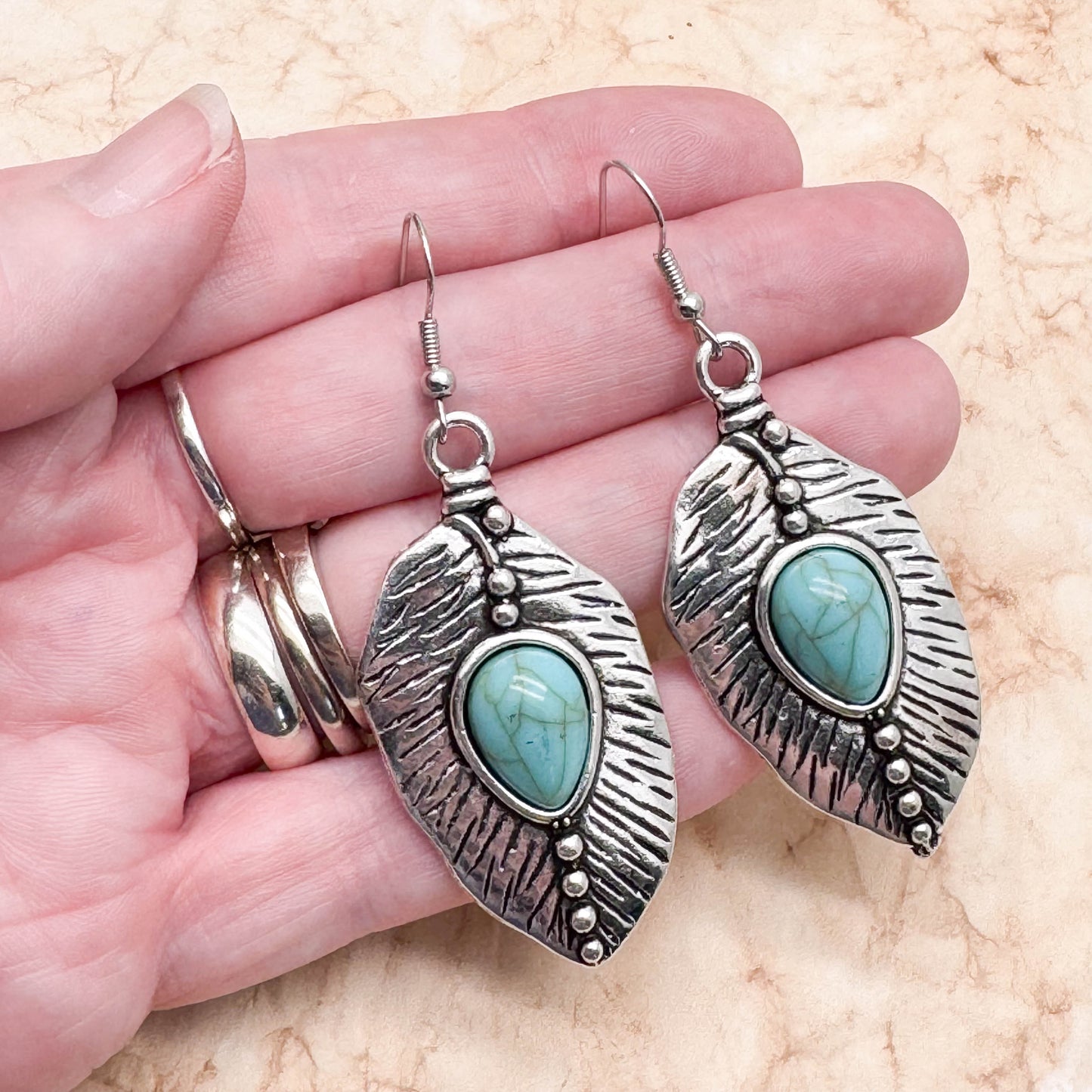 Large Leaf Earrings, Tibetan Silver Charms with Turquoise Blue Resin