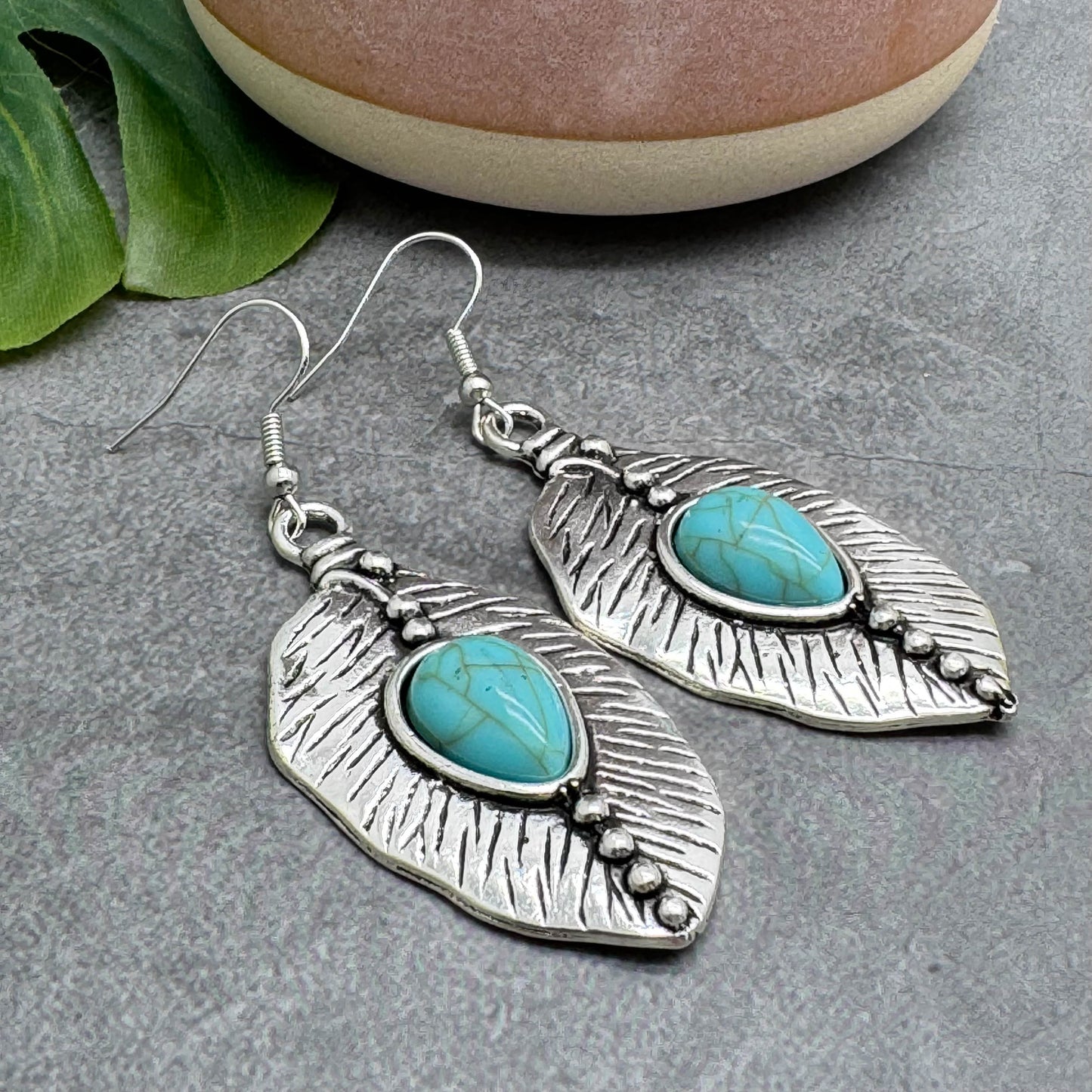 Large Leaf Earrings, Tibetan Silver Charms with Turquoise Blue Resin