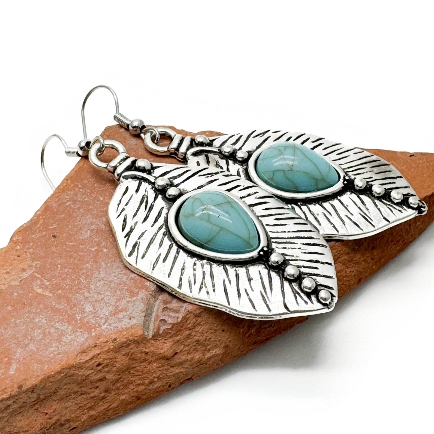 Large Leaf Earrings, Tibetan Silver Charms with Turquoise Blue Resin