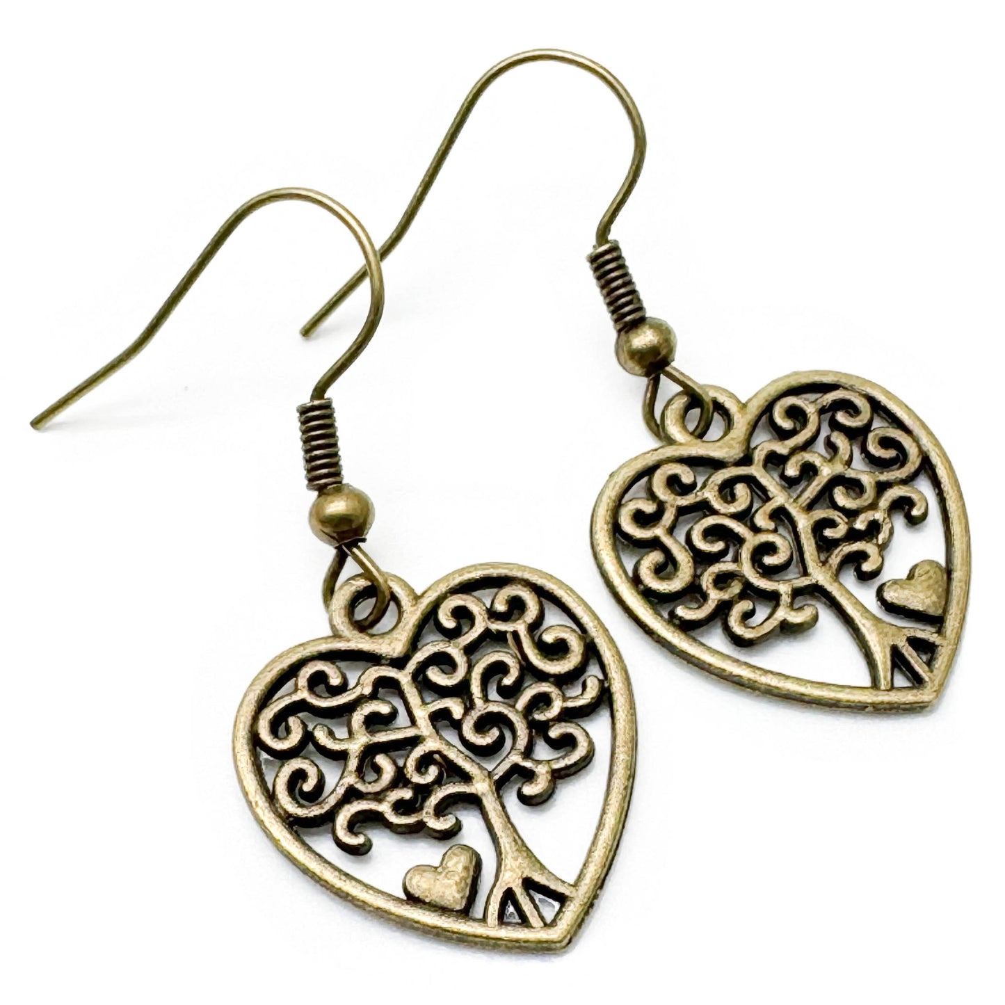 Tree of Life Heart Earrings, Spiritual Antique Bronze Tone Charms