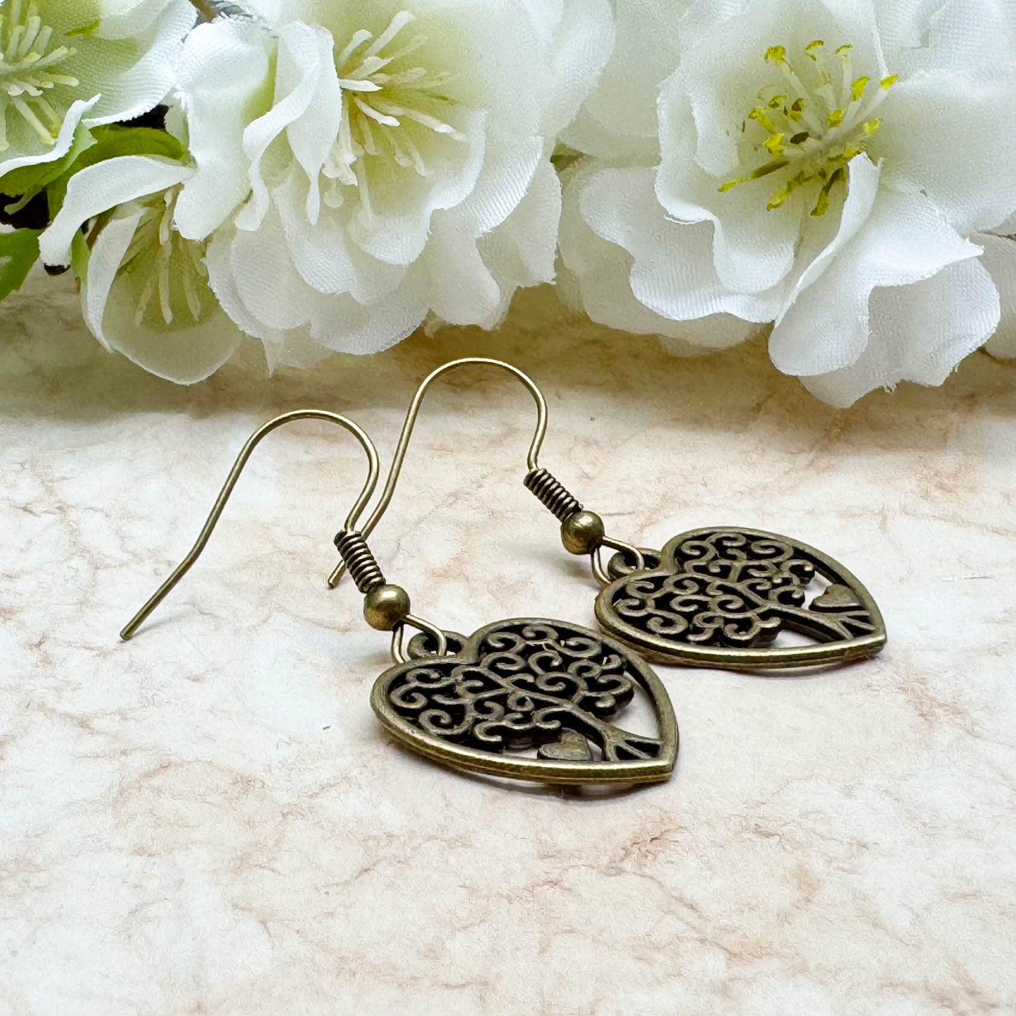 Tree of Life Heart Earrings, Spiritual Antique Bronze Tone Charms