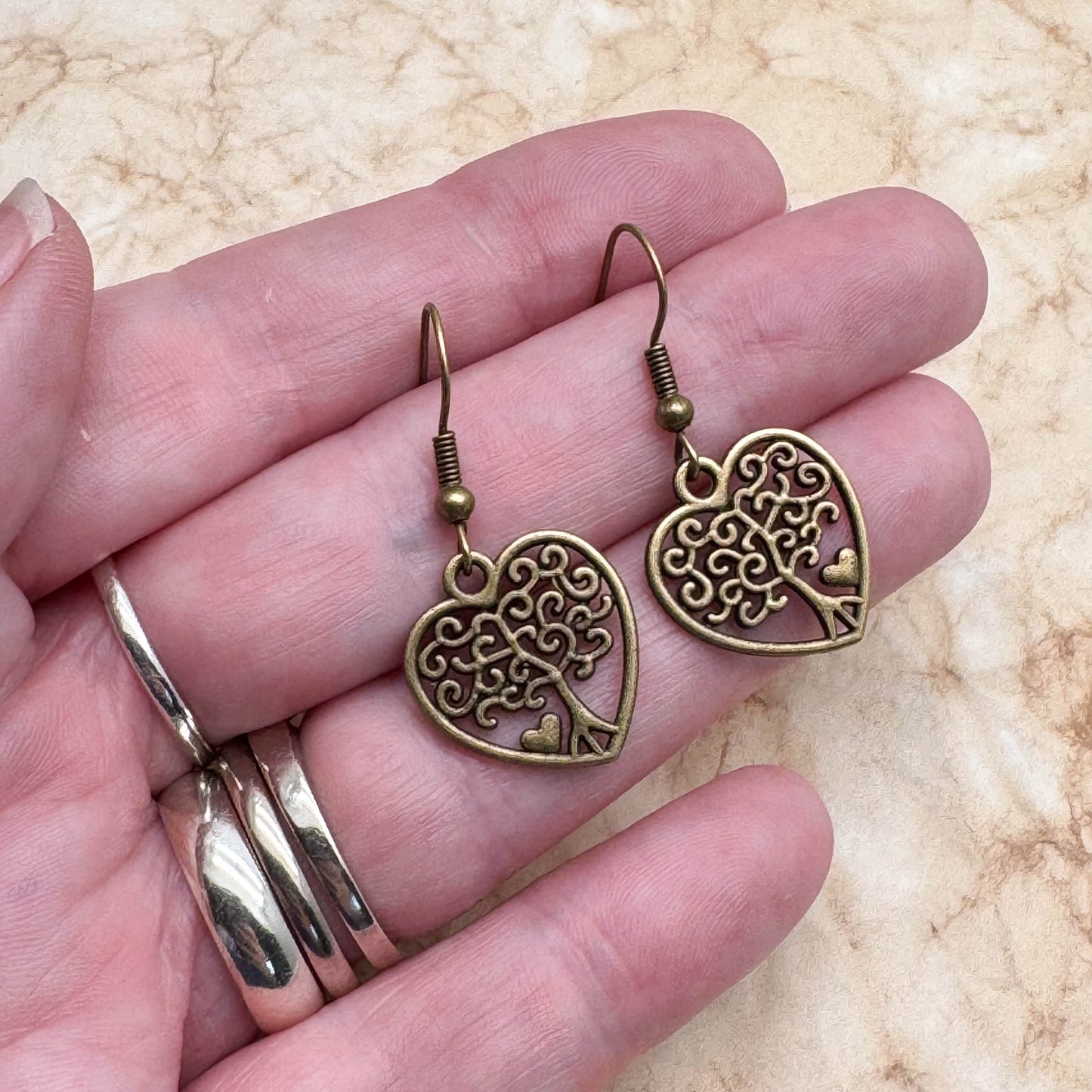 Tree of Life Heart Earrings, Spiritual Antique Bronze Tone Charms