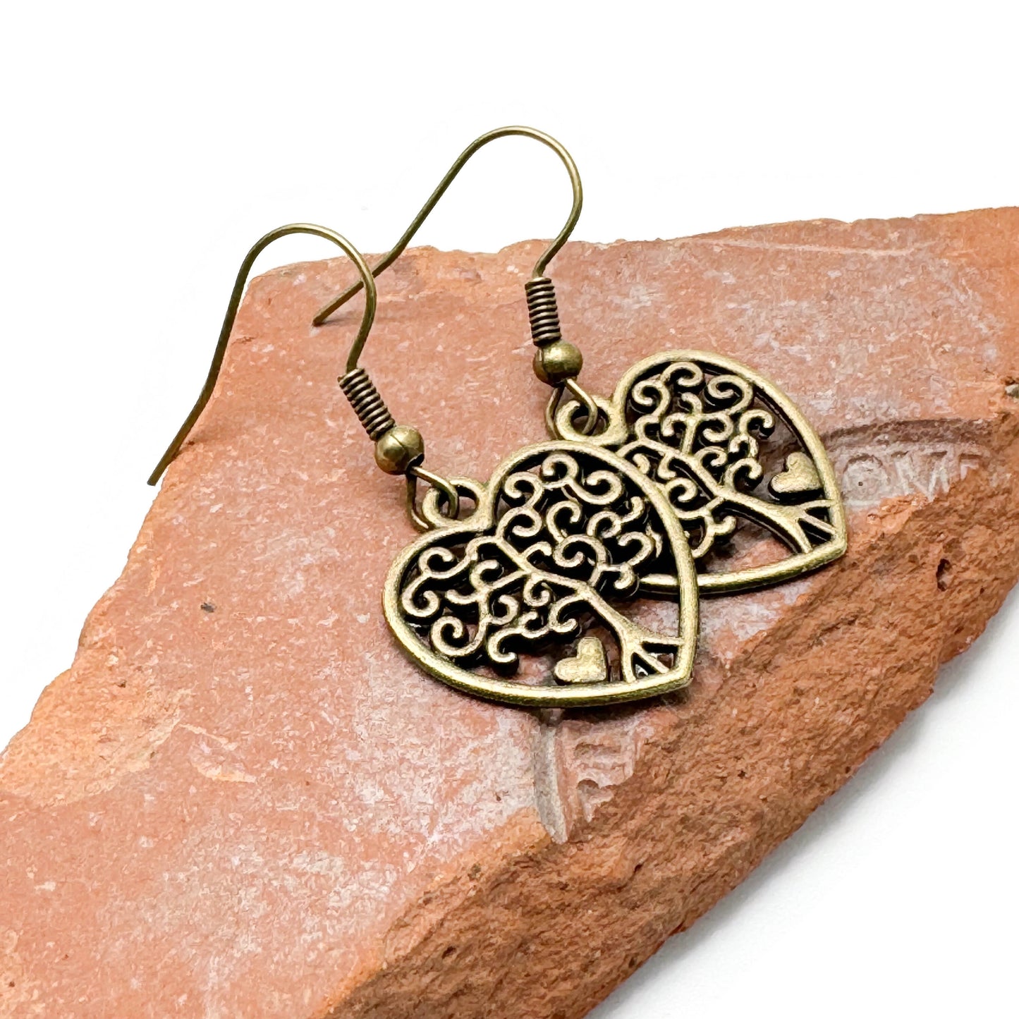 Tree of Life Heart Earrings, Spiritual Antique Bronze Tone Charms