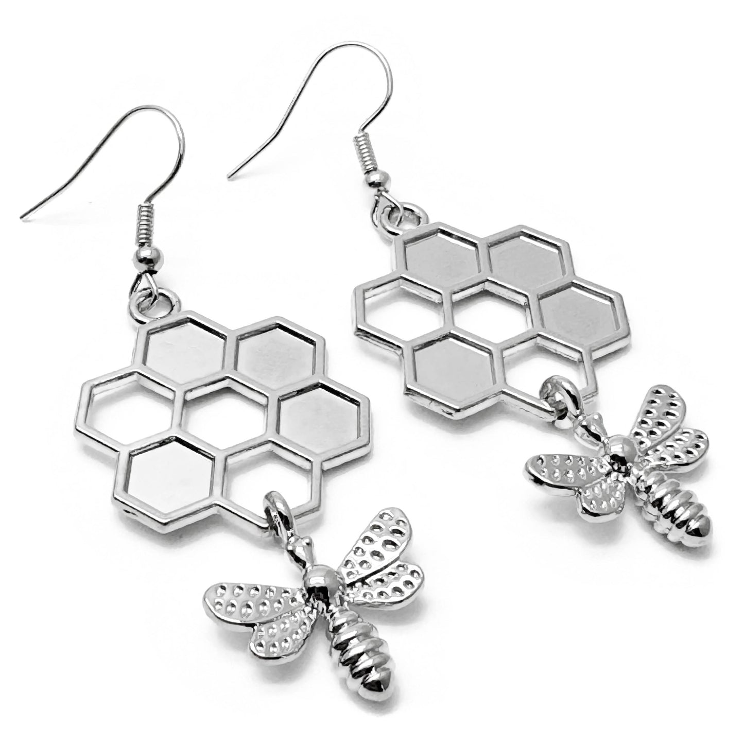 Large Bee and Honeycomb Earrings, Chunky Silver Tone Charm Beads