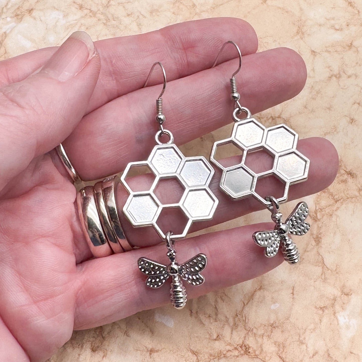 Large Bee and Honeycomb Earrings, Chunky Silver Tone Charm Beads