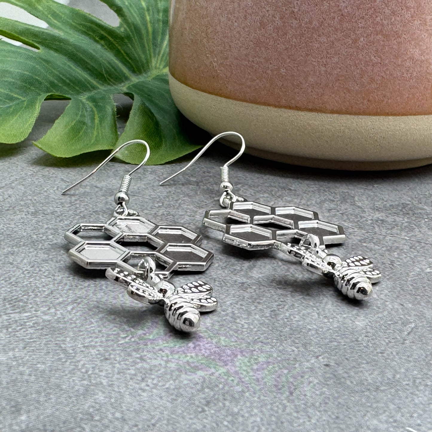 Large Bee and Honeycomb Earrings, Chunky Silver Tone Charm Beads