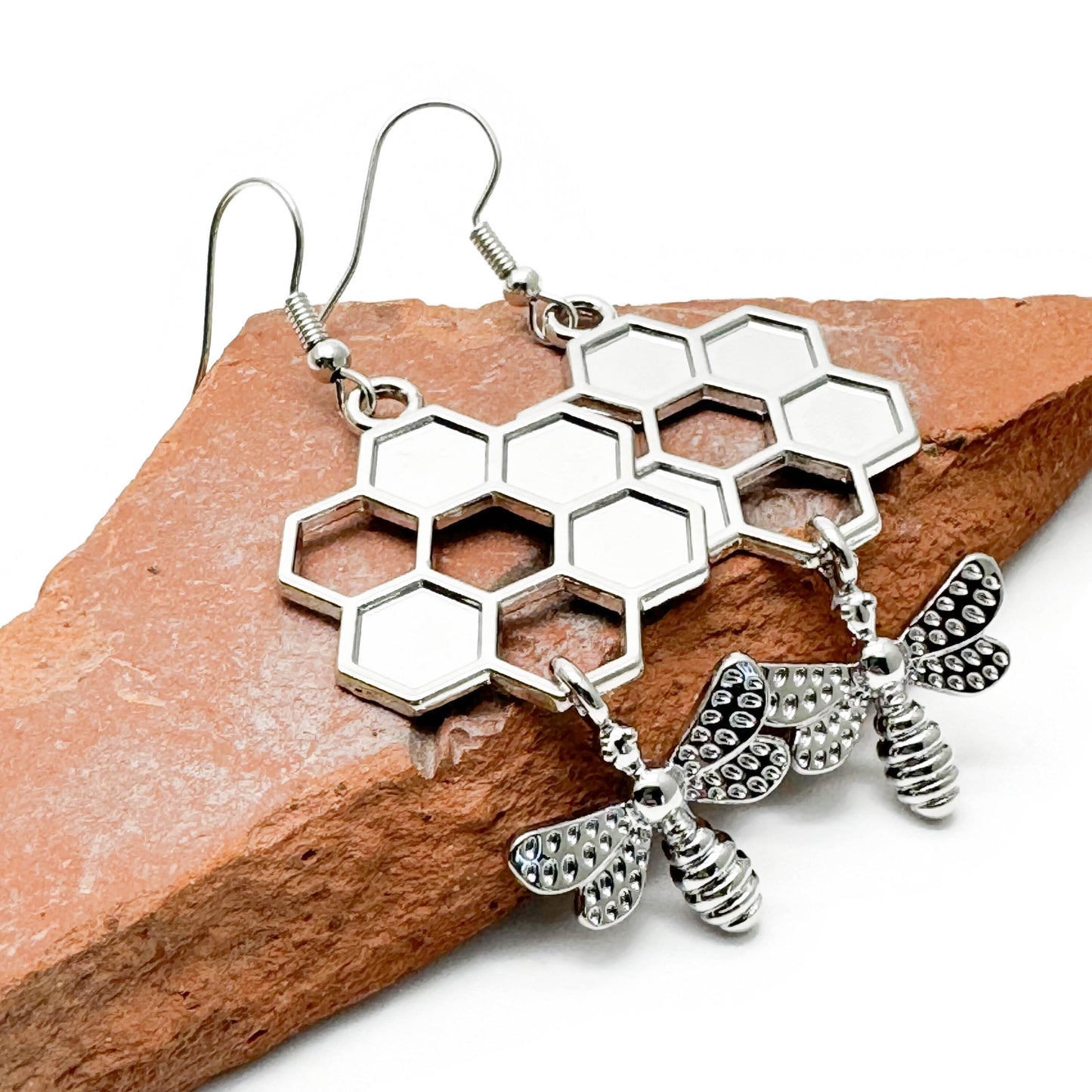 Large Bee and Honeycomb Earrings, Chunky Silver Tone Charm Beads