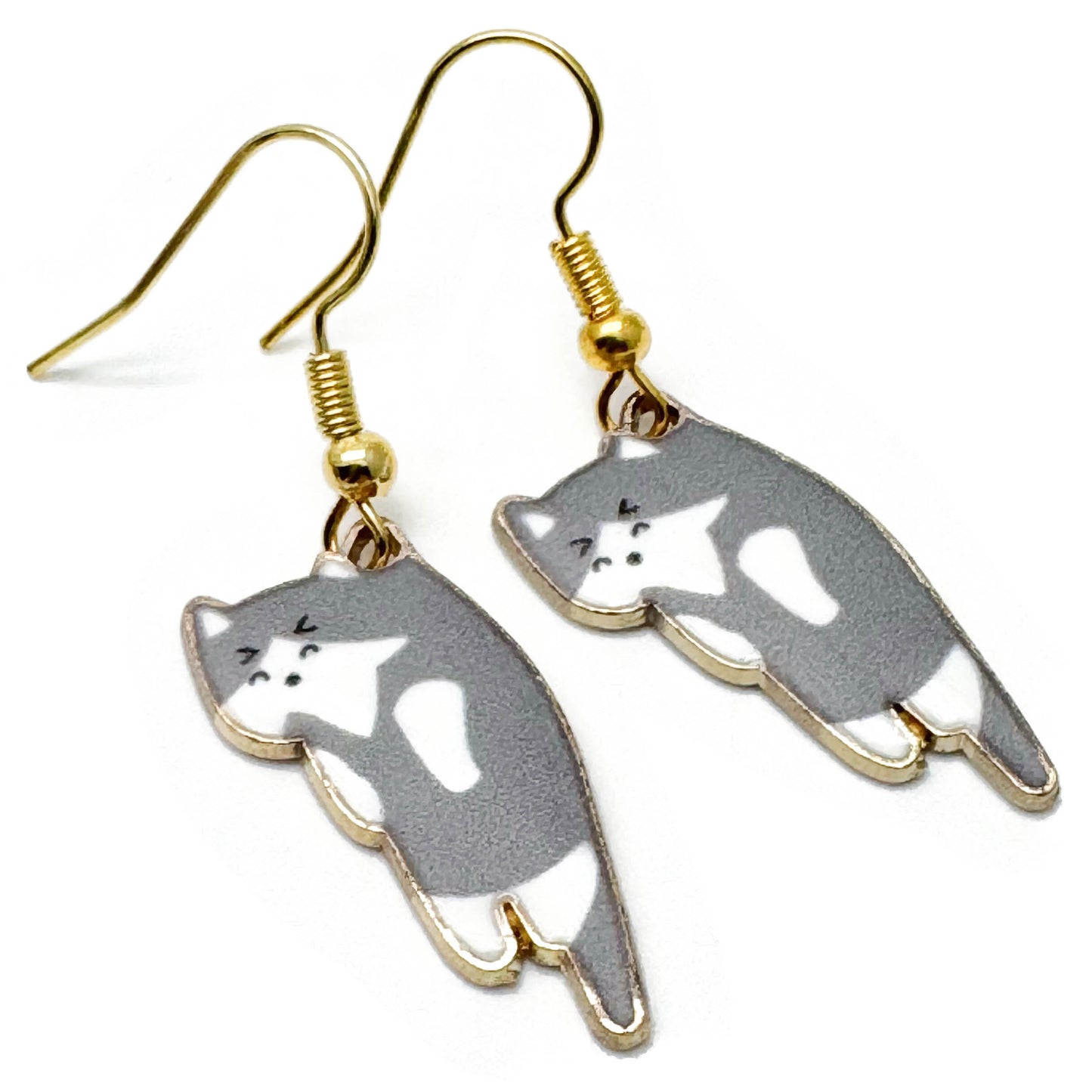 Grey Kitty Cat Earrings, Enamel Charm Beads, 42mm Long