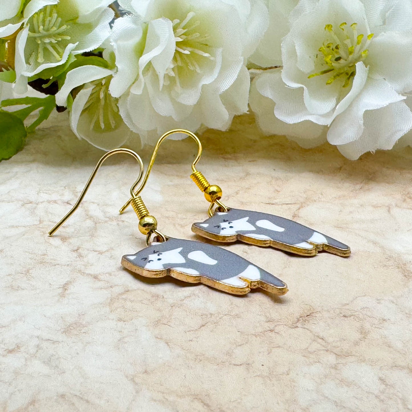 Grey Kitty Cat Earrings, Enamel Charm Beads, 42mm Long