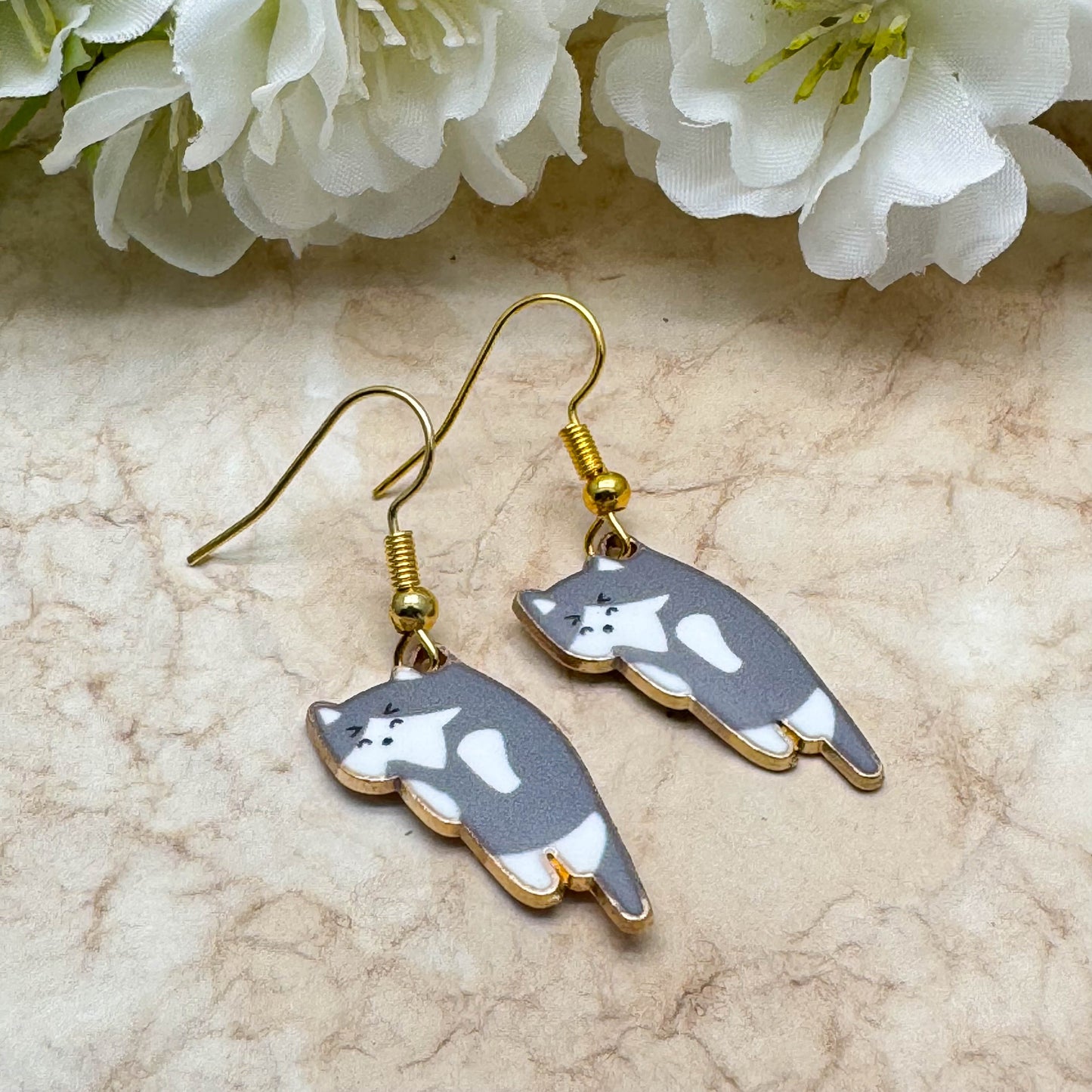 Grey Kitty Cat Earrings, Enamel Charm Beads, 42mm Long