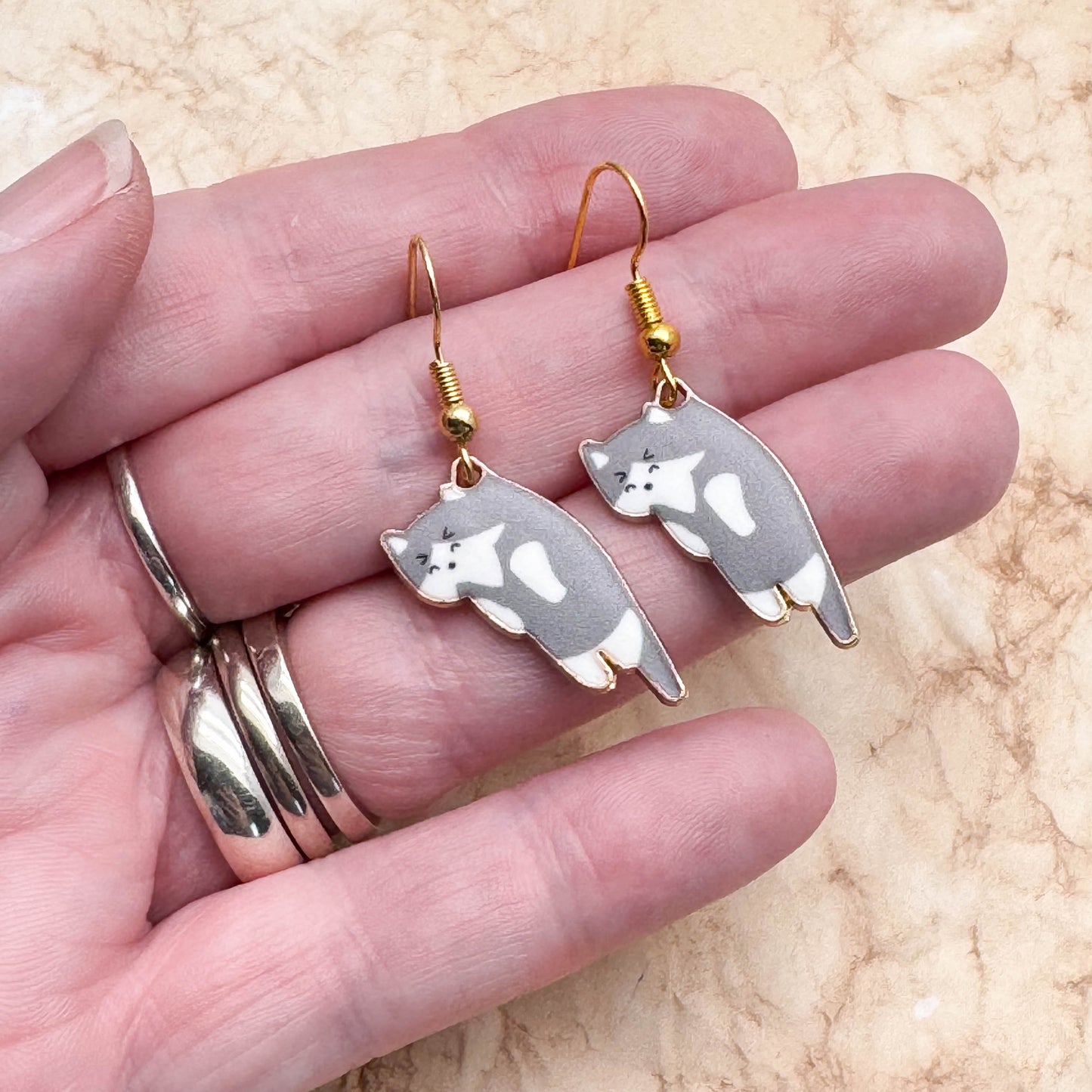 Grey Kitty Cat Earrings, Enamel Charm Beads, 42mm Long