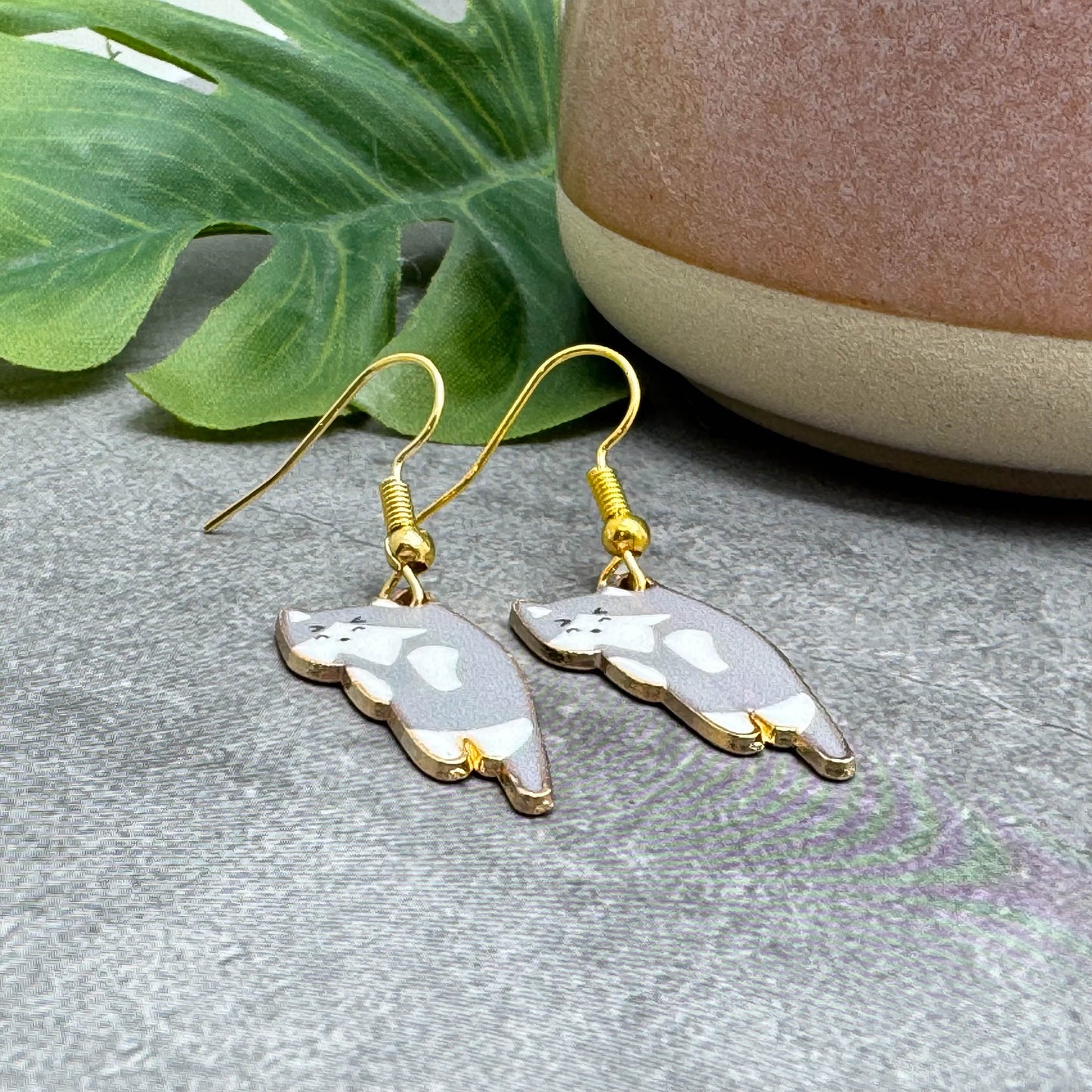Grey Kitty Cat Earrings, Enamel Charm Beads, 42mm Long
