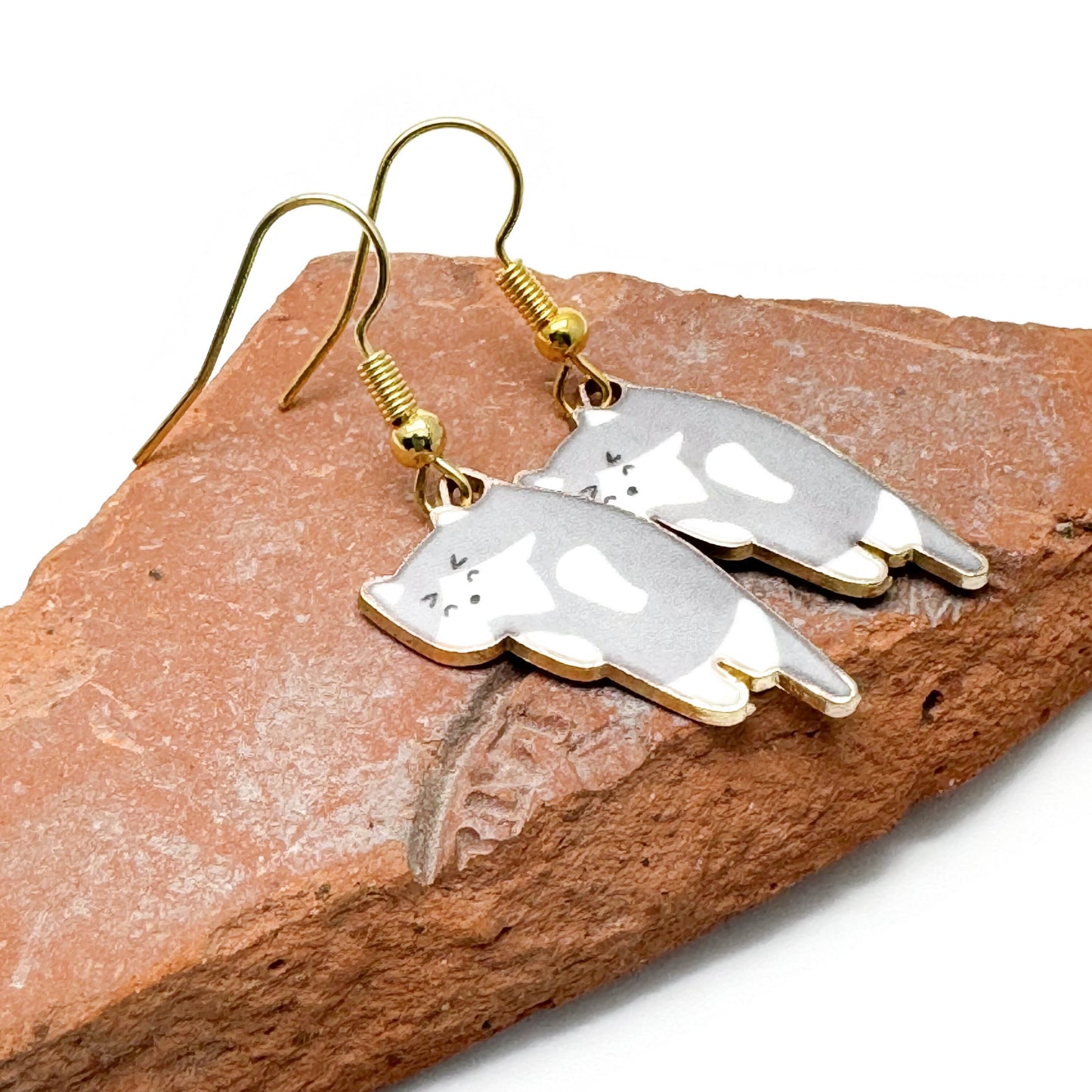 Grey Kitty Cat Earrings, Enamel Charm Beads, 42mm Long