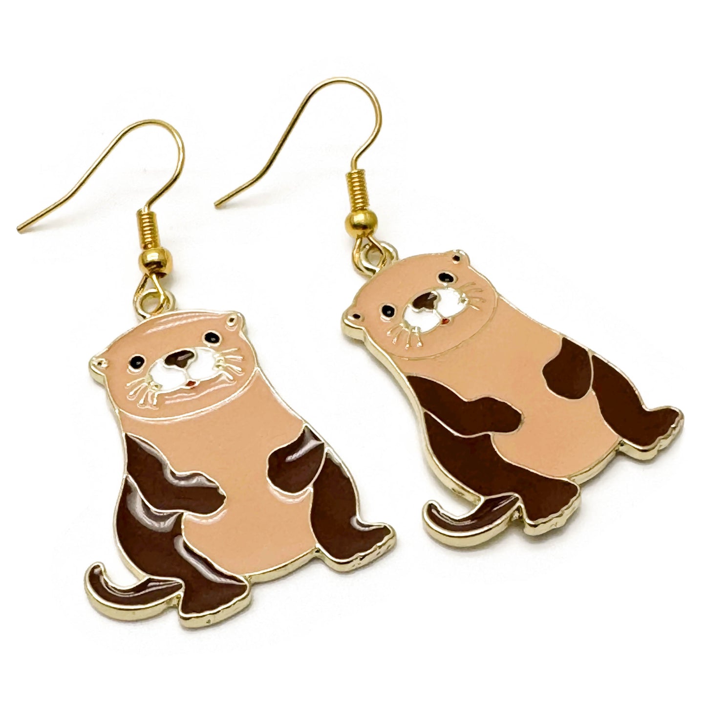 Otter Charm Earrings, Brown Enamel on Nickel Free Gold Tone Hooks : 39mm long