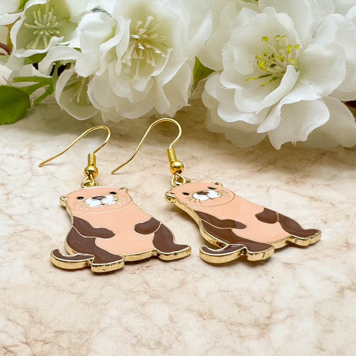 Otter Charm Earrings, Brown Enamel on Nickel Free Gold Tone Hooks : 39mm long