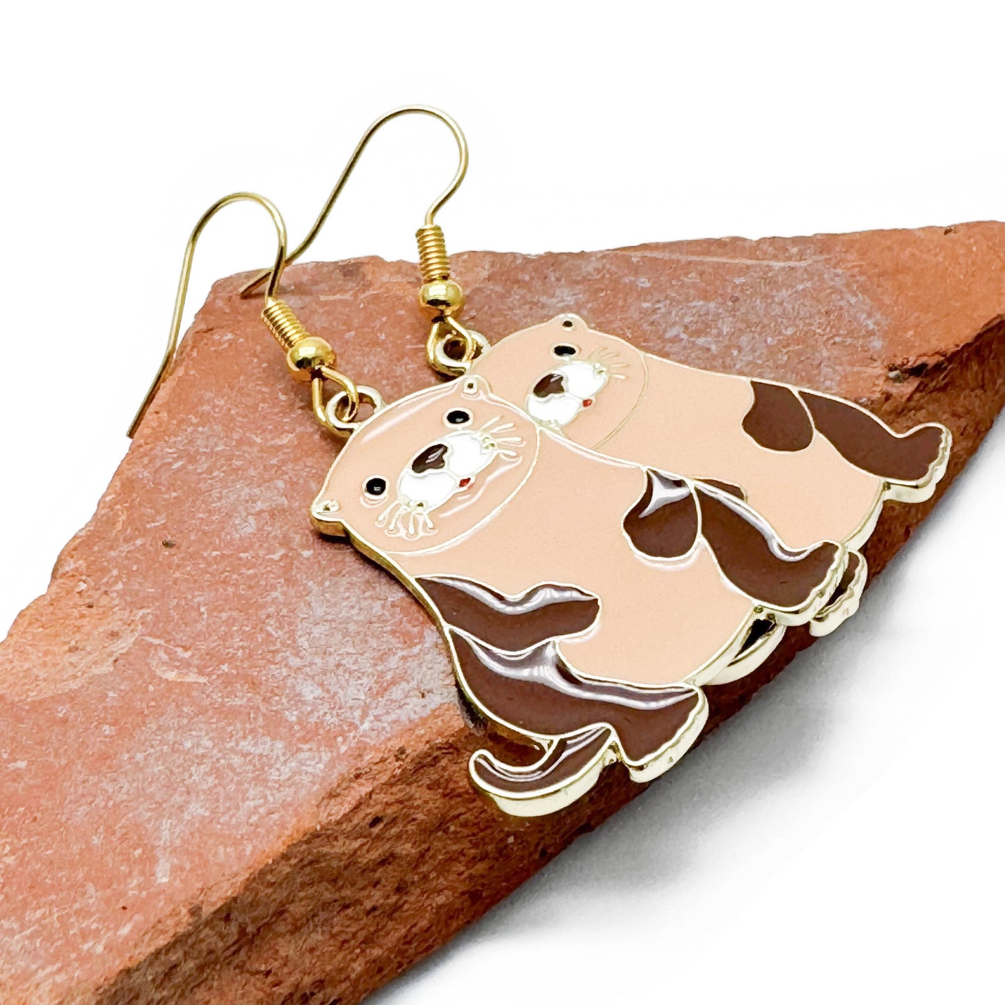 Otter Charm Earrings, Brown Enamel on Nickel Free Gold Tone Hooks : 39mm long
