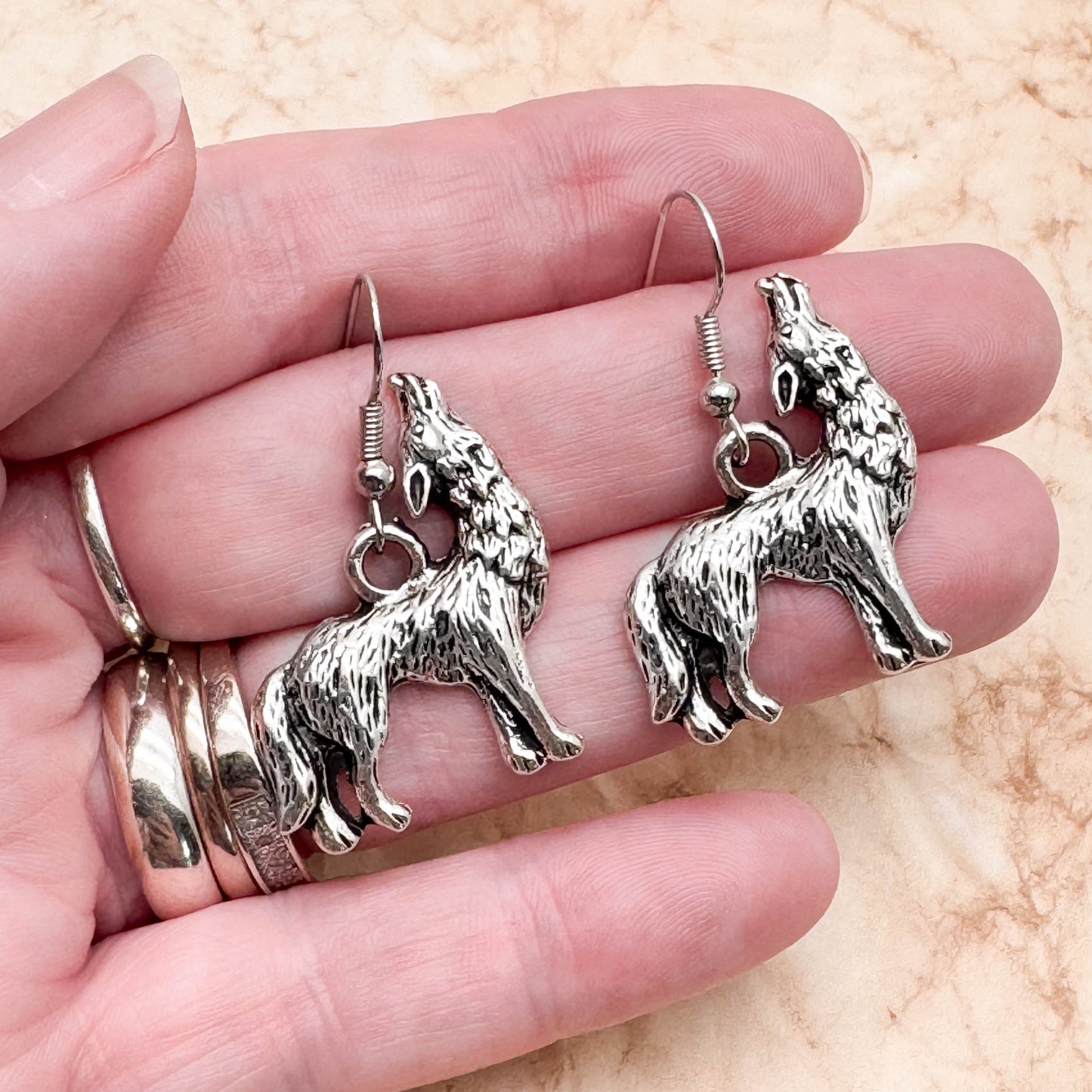 Howling Wolf Earrings, Large Charm on Silver Tone Hooks : 38mm, Wild Animal