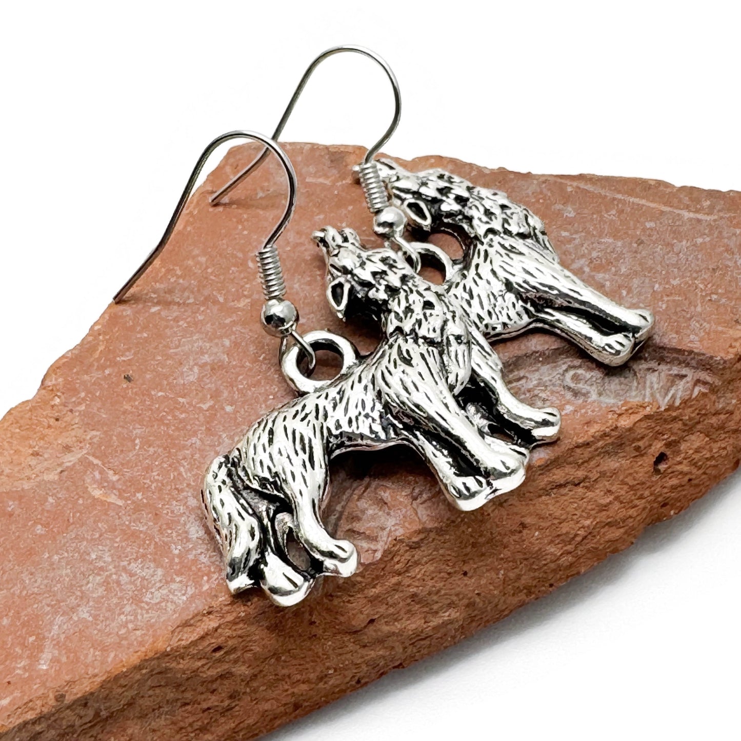 Howling Wolf Earrings, Large Charm on Silver Tone Hooks : 38mm, Wild Animal