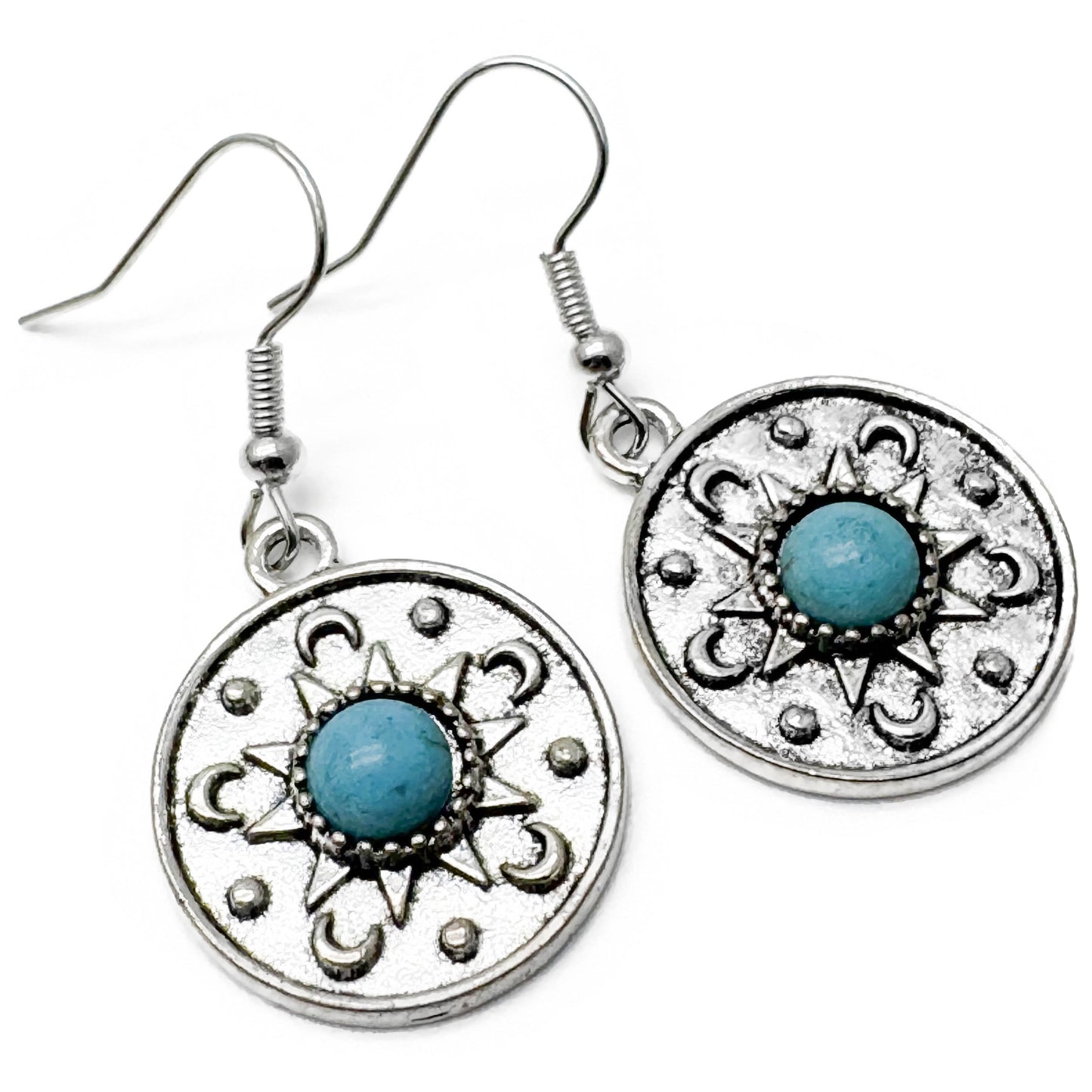 Round Charm Earrings with Turquoise Resin Stone, Silver Tone Charms : 41mm long