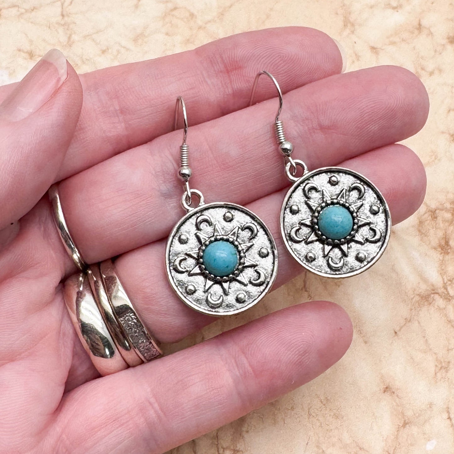 Round Charm Earrings with Turquoise Resin Stone, Silver Tone Charms : 41mm long