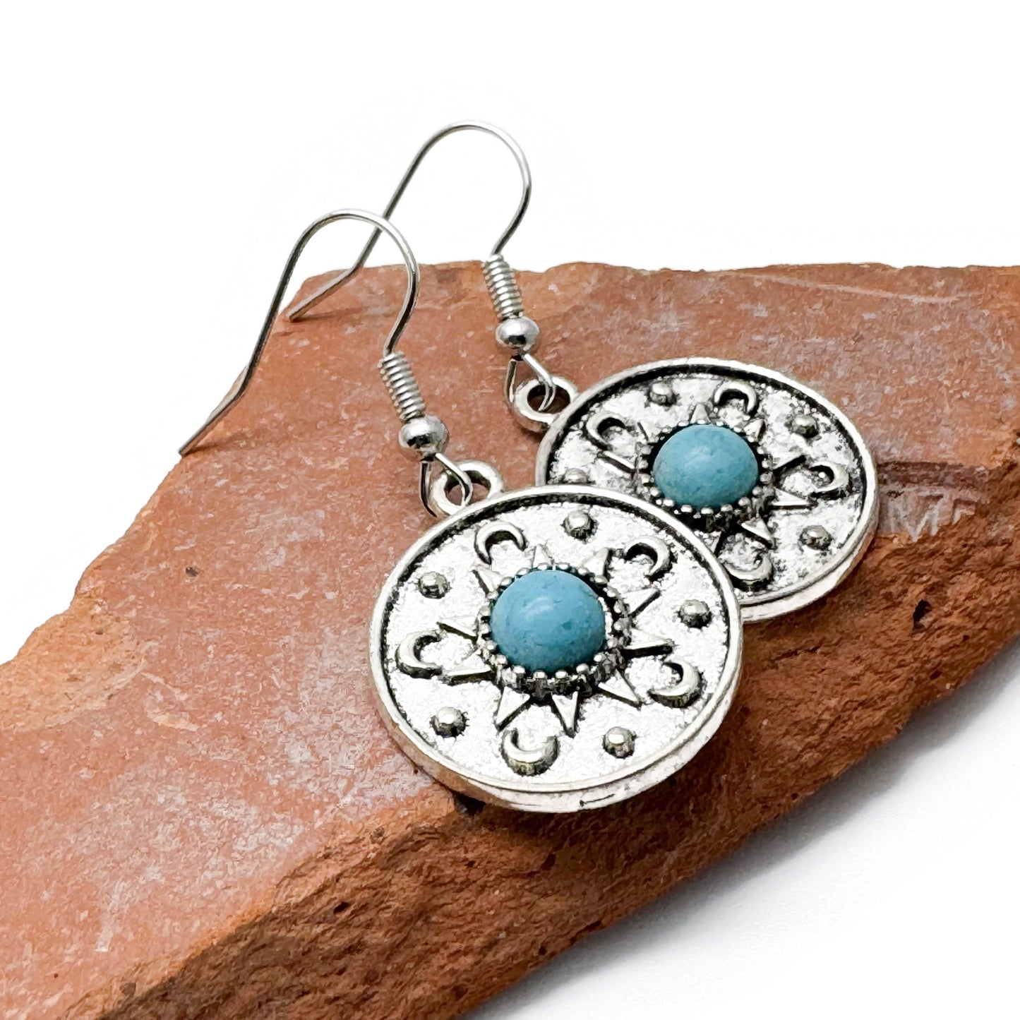 Round Charm Earrings with Turquoise Resin Stone, Silver Tone Charms : 41mm long