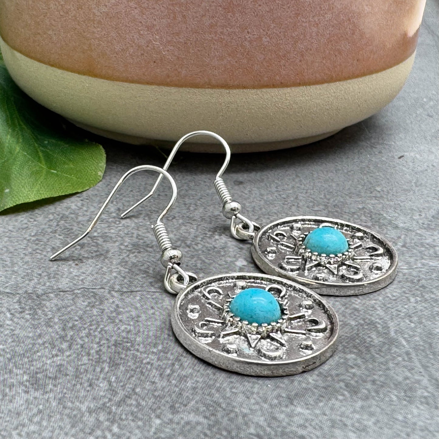 Round Charm Earrings with Turquoise Resin Stone, Silver Tone Charms : 41mm long