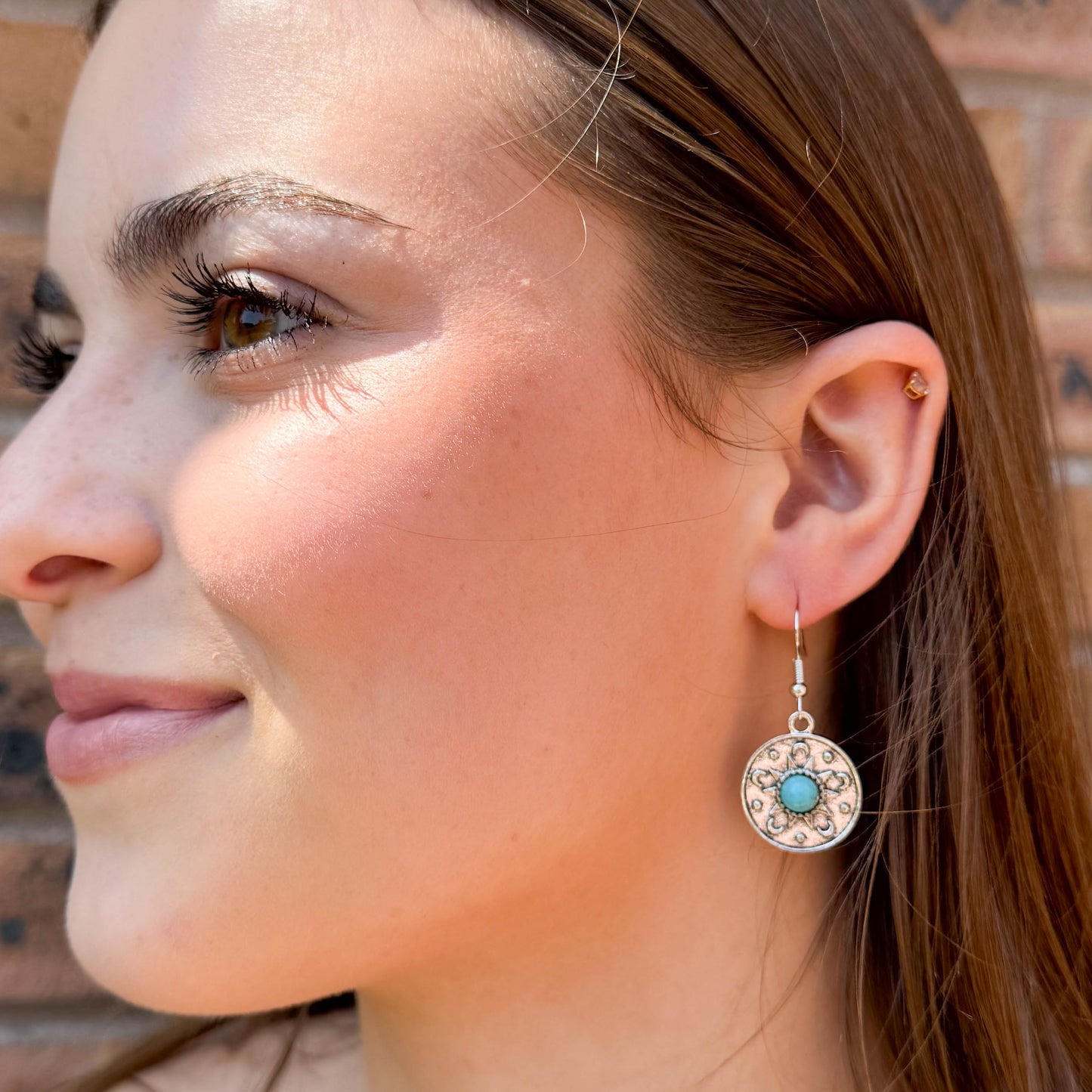 Round Charm Earrings with Turquoise Resin Stone, Silver Tone Charms : 41mm long