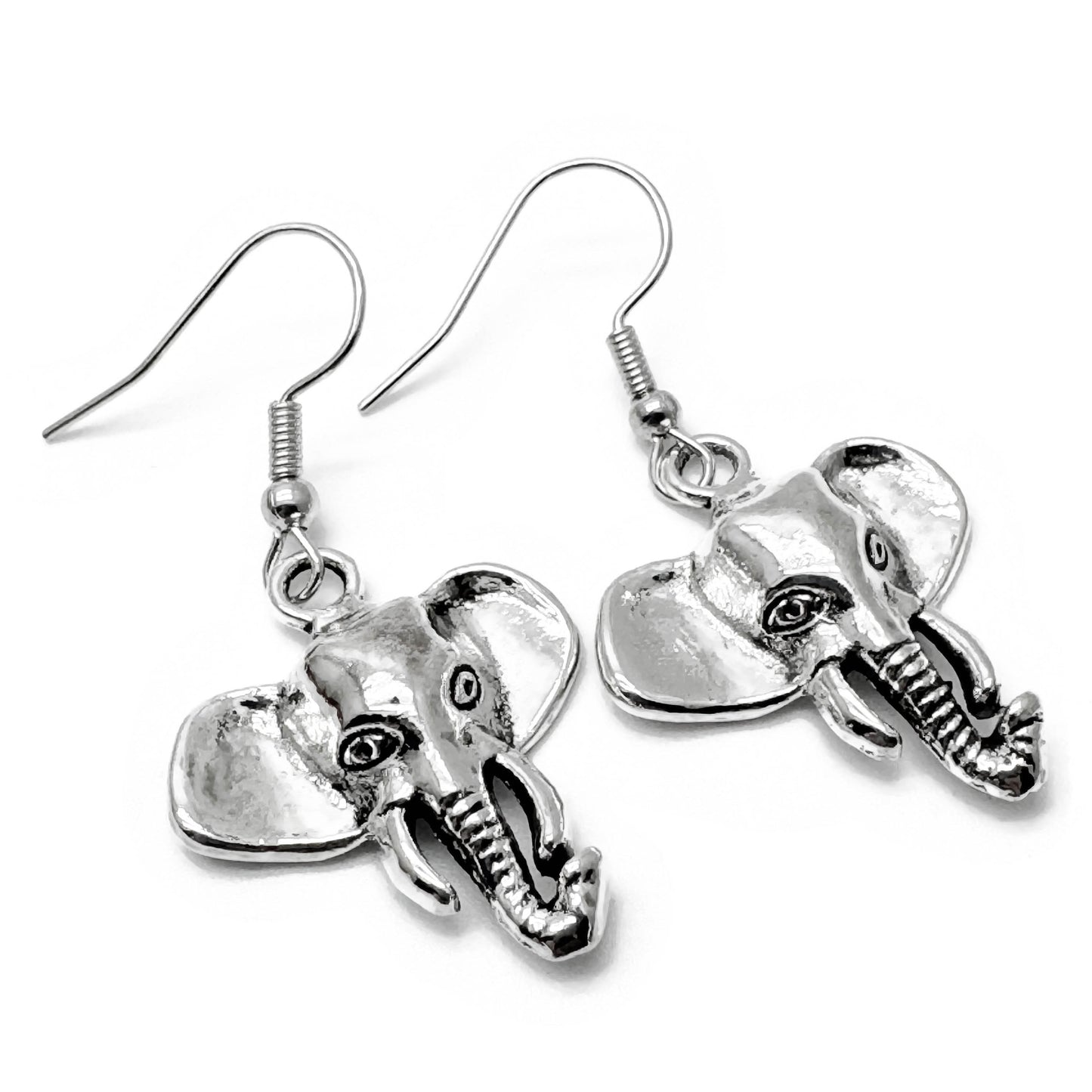 Elephant Head Earrings, Silver Tone Charms on Nickel Free Hooks : 43mm