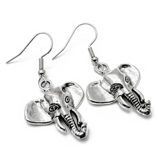 Elephant Head Earrings, Silver Tone Charms on Nickel Free Hooks : 43mm