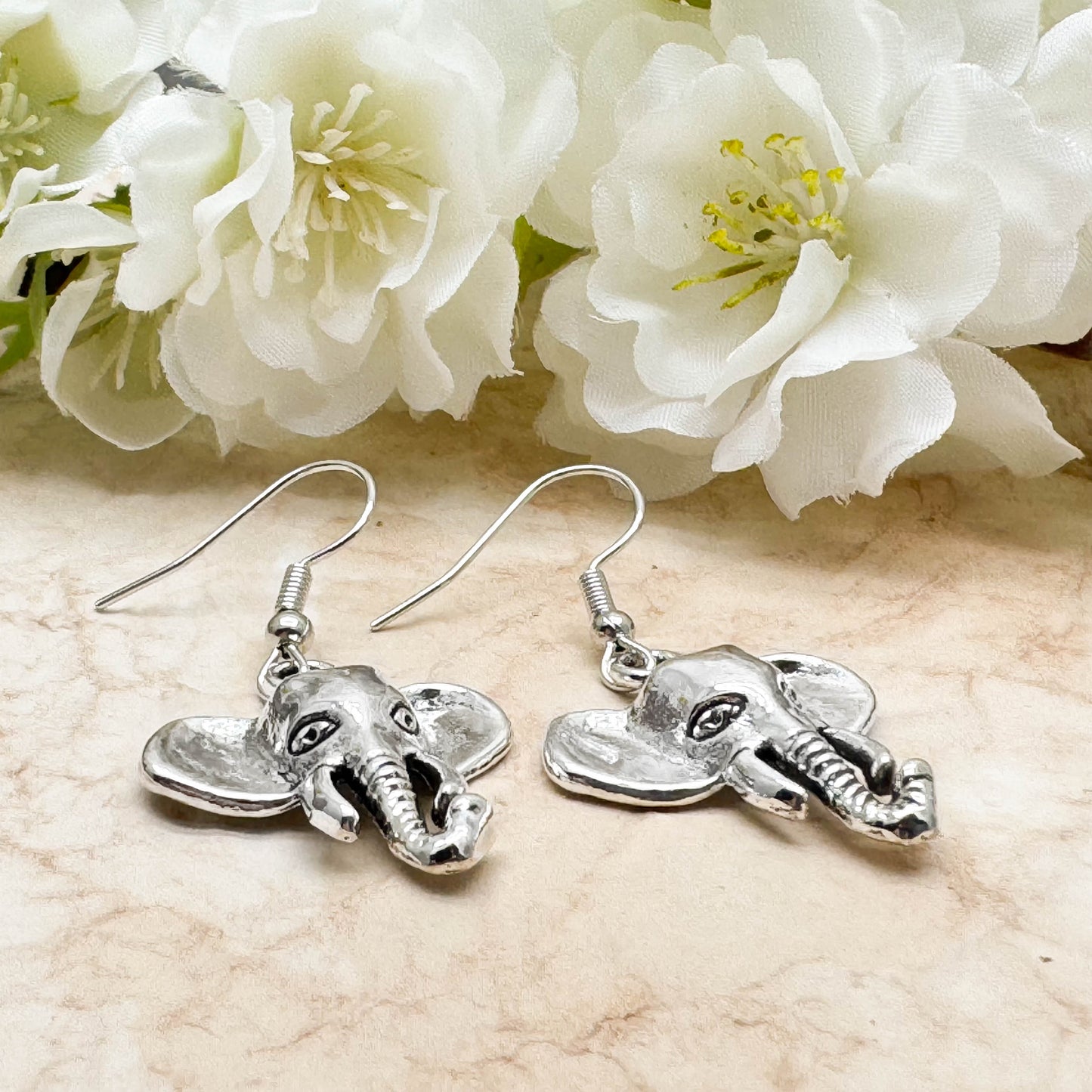 Elephant Head Earrings, Silver Tone Charms on Nickel Free Hooks : 43mm
