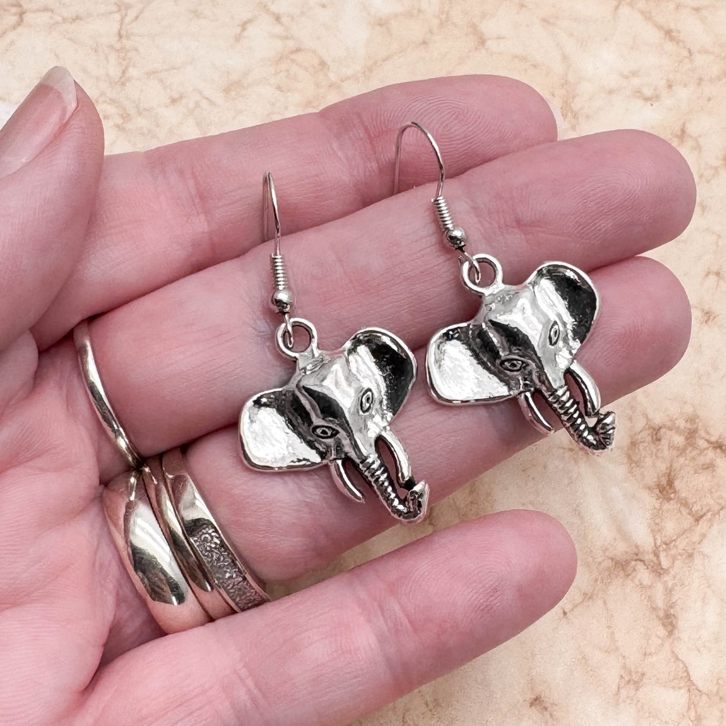 Elephant Head Earrings, Silver Tone Charms on Nickel Free Hooks : 43mm