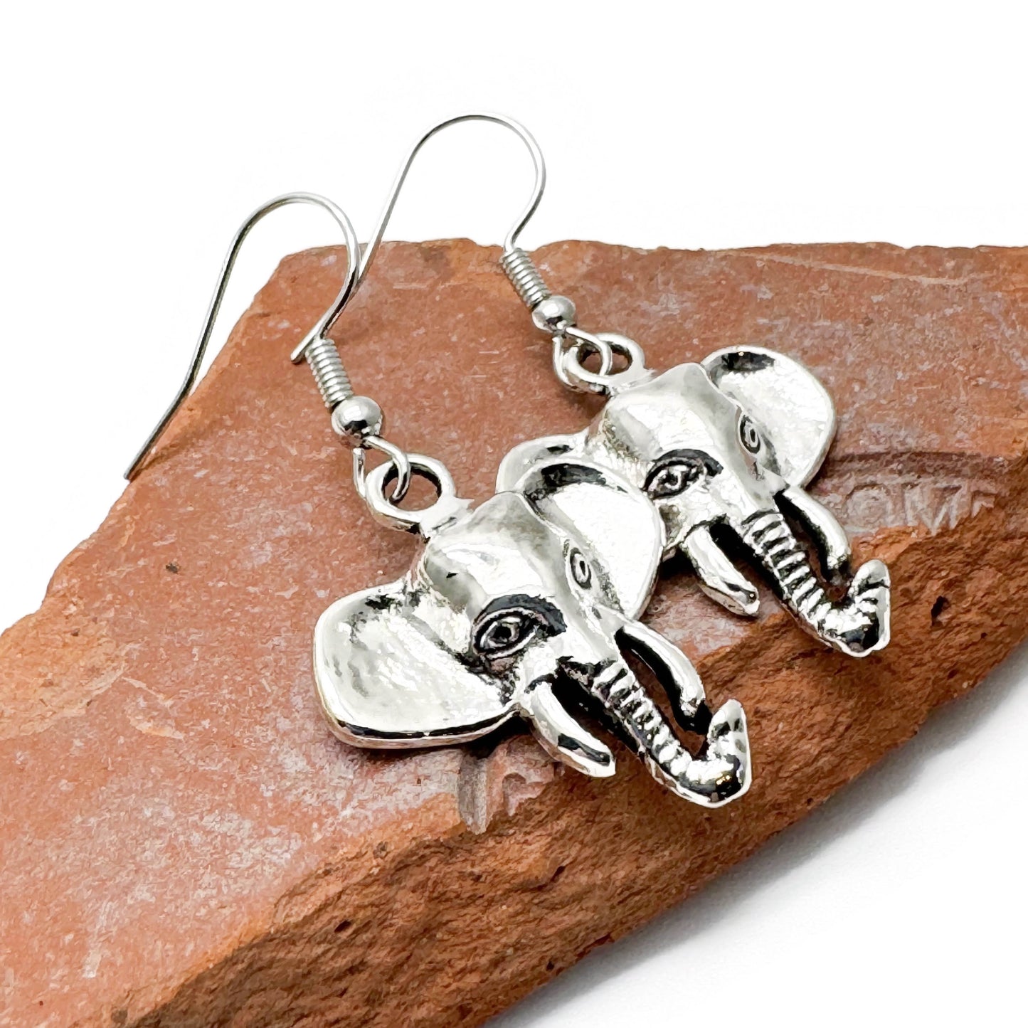 Elephant Head Earrings, Silver Tone Charms on Nickel Free Hooks : 43mm