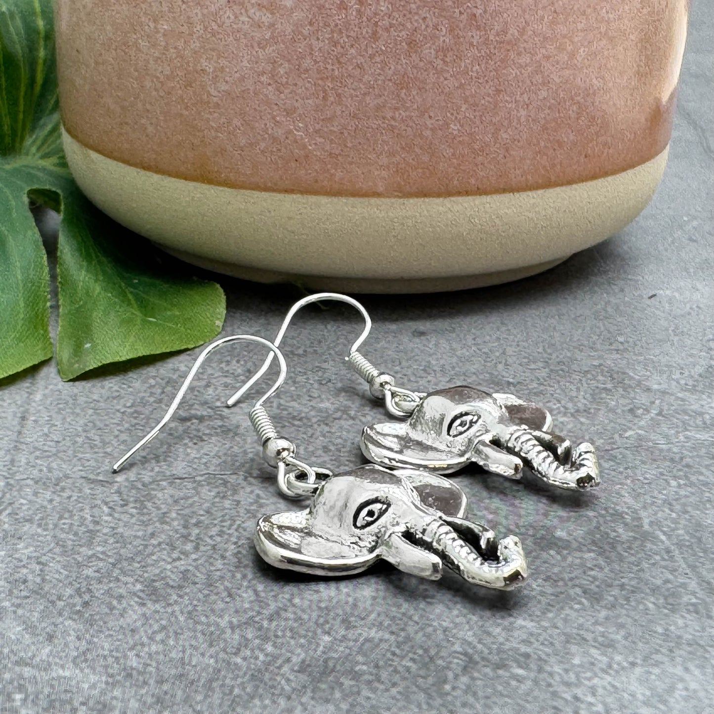 Elephant Head Earrings, Silver Tone Charms on Nickel Free Hooks : 43mm