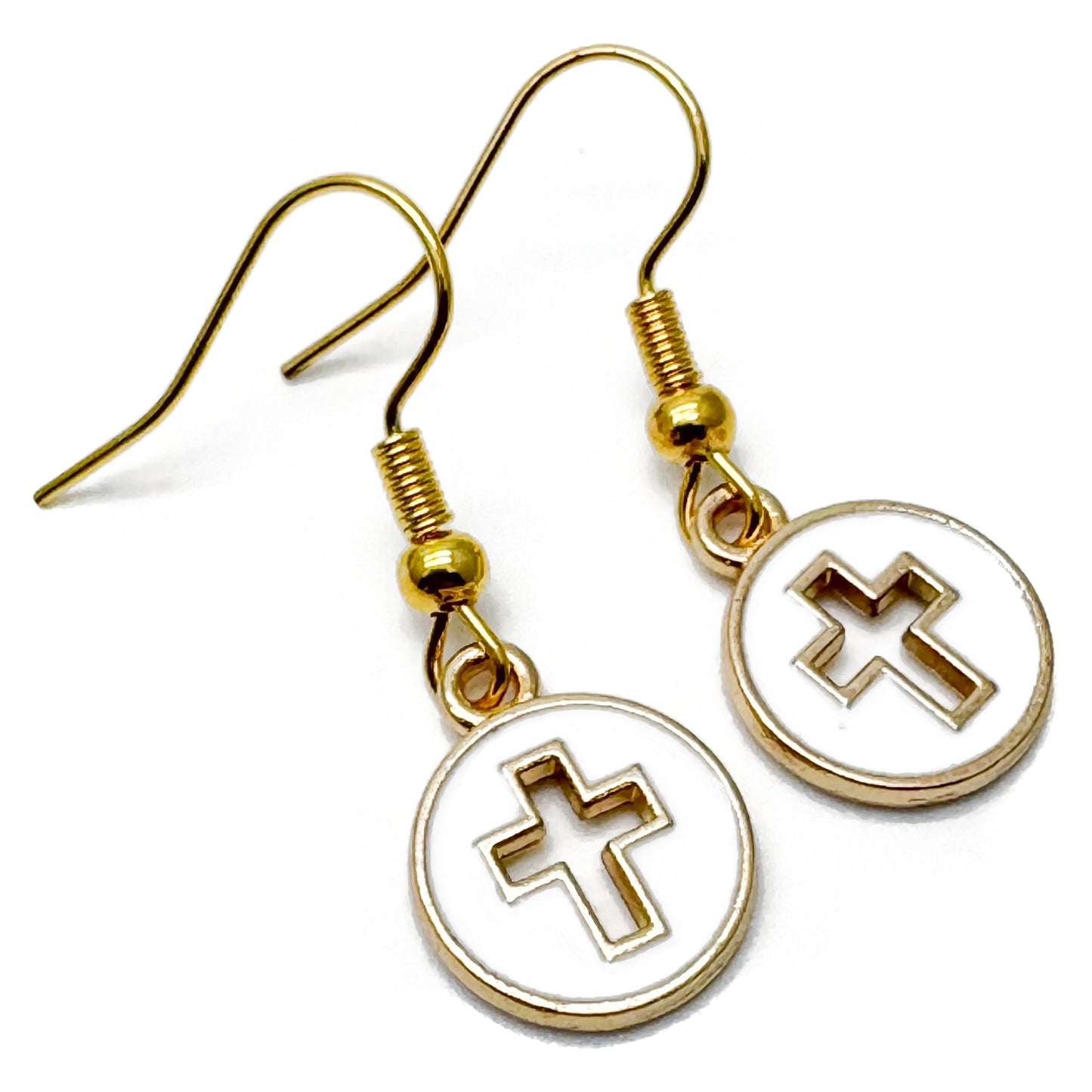 Hollow White Cross Earrings, Gold Tone Hooks : 32mm long, Christian Faith