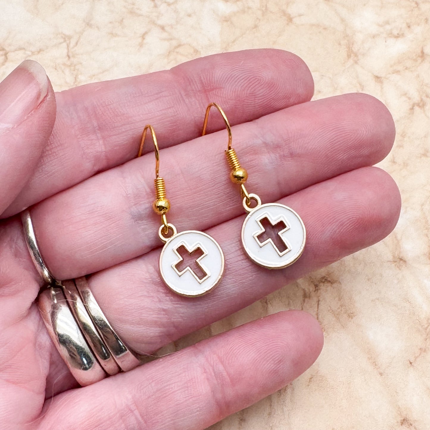 Hollow White Cross Earrings, Gold Tone Hooks : 32mm long, Christian Faith