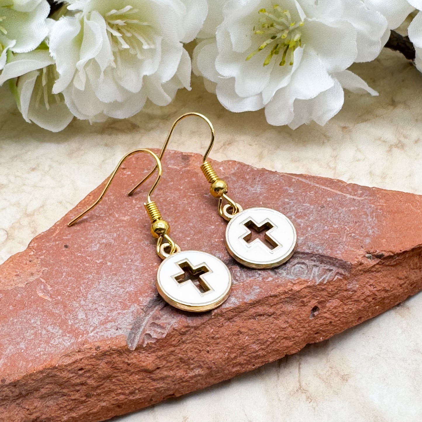 Hollow White Cross Earrings, Gold Tone Hooks : 32mm long, Christian Faith