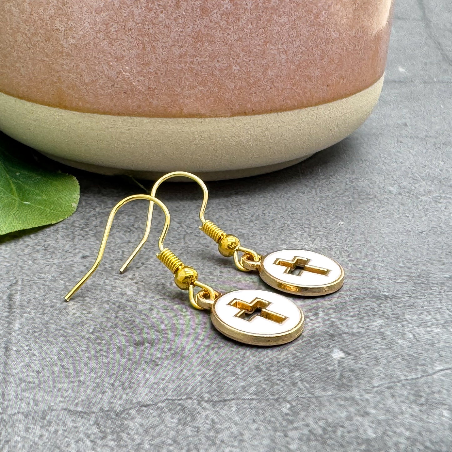 Hollow White Cross Earrings, Gold Tone Hooks : 32mm long, Christian Faith