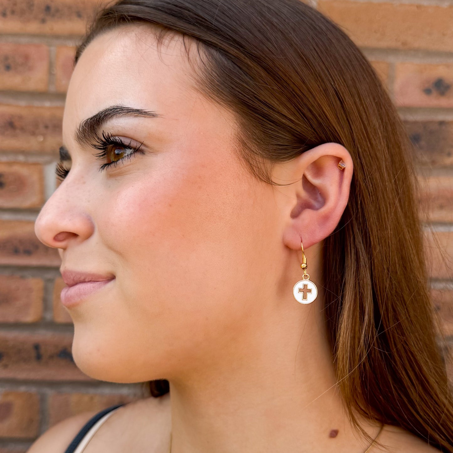 Hollow White Cross Earrings, Gold Tone Hooks : 32mm long, Christian Faith