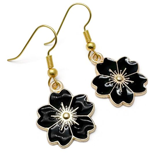 Black Enamel Flower Earrings : 38mm long, Sakkura Cherry Blossom