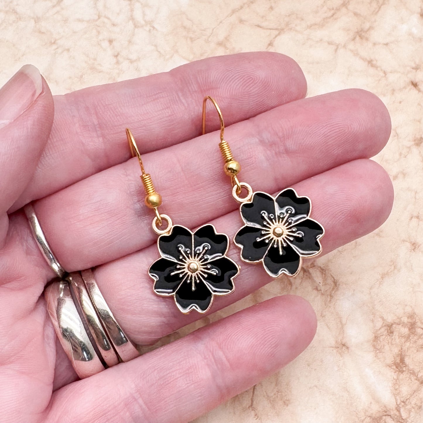 Black Enamel Flower Earrings : 38mm long, Sakkura Cherry Blossom