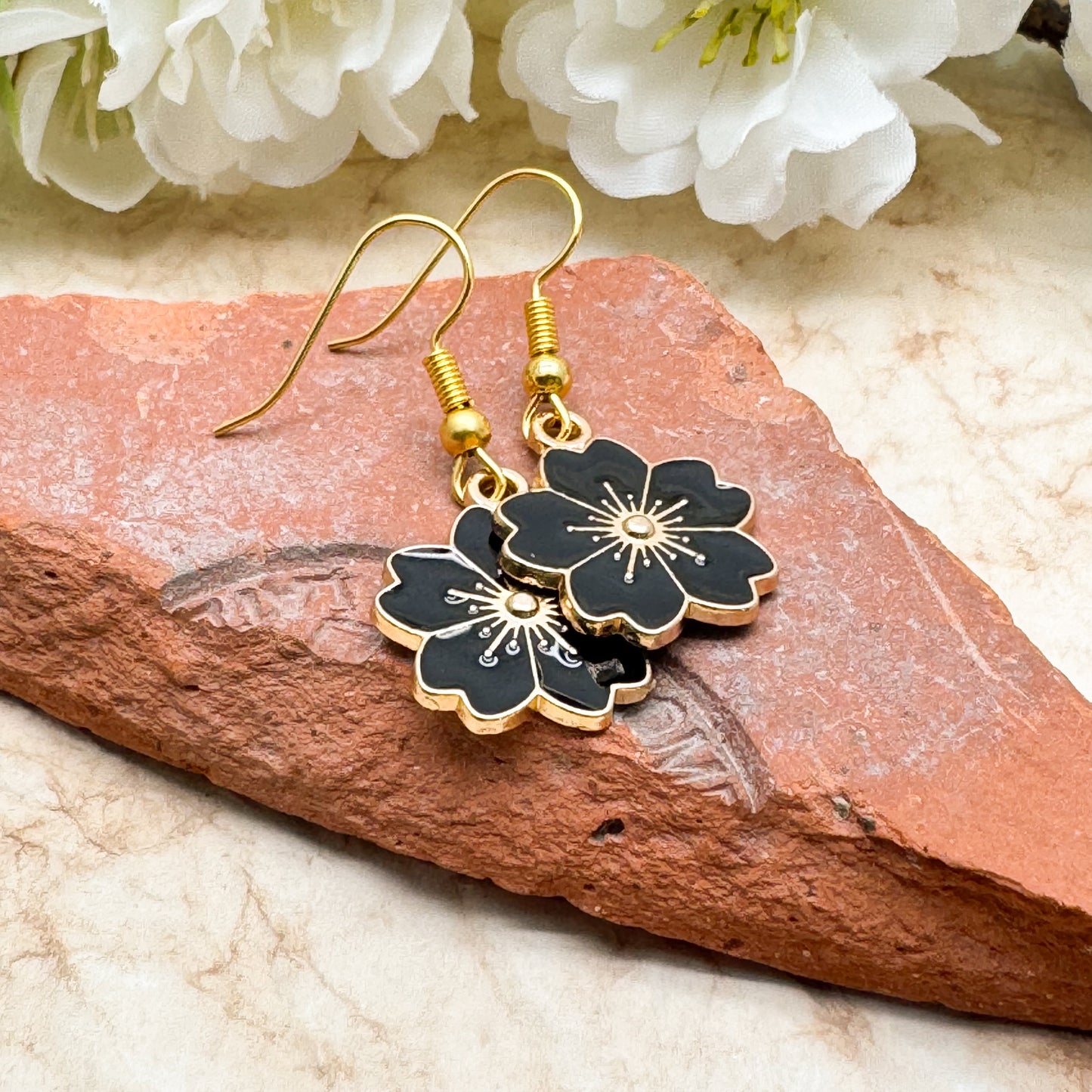 Black Enamel Flower Earrings : 38mm long, Sakkura Cherry Blossom