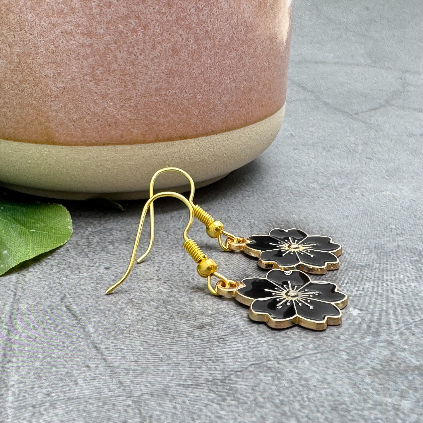 Black Enamel Flower Earrings : 38mm long, Sakkura Cherry Blossom