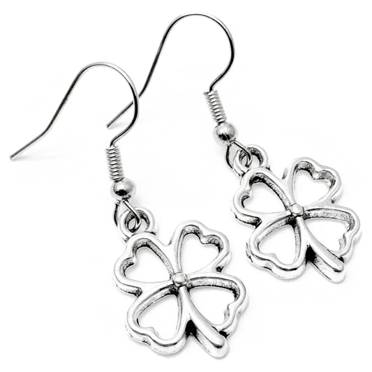 Lucky Clover Charm Earrings, Cute Hollow Tibetan Silver Tone Charms : 36mm