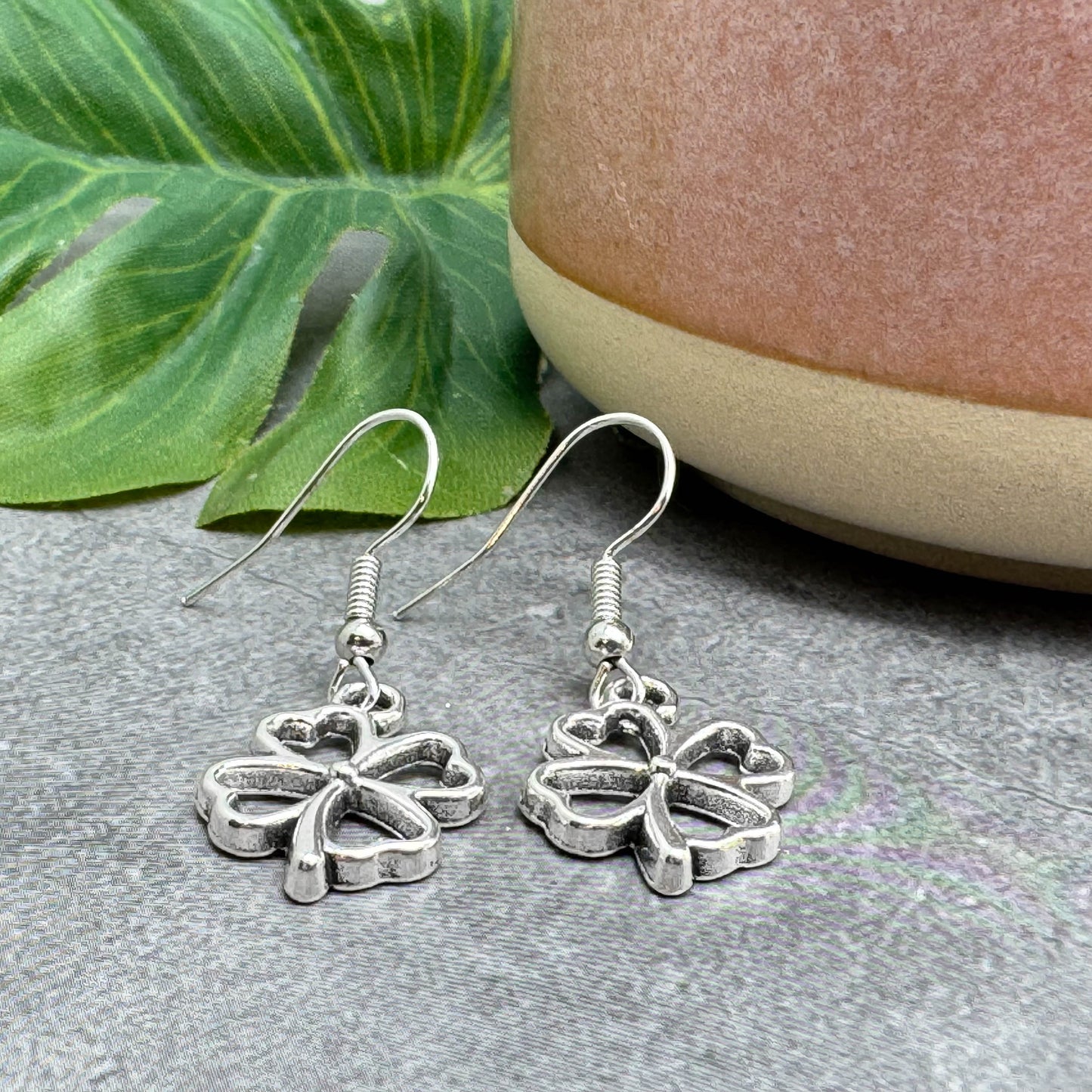 Lucky Clover Charm Earrings, Cute Hollow Tibetan Silver Tone Charms : 36mm