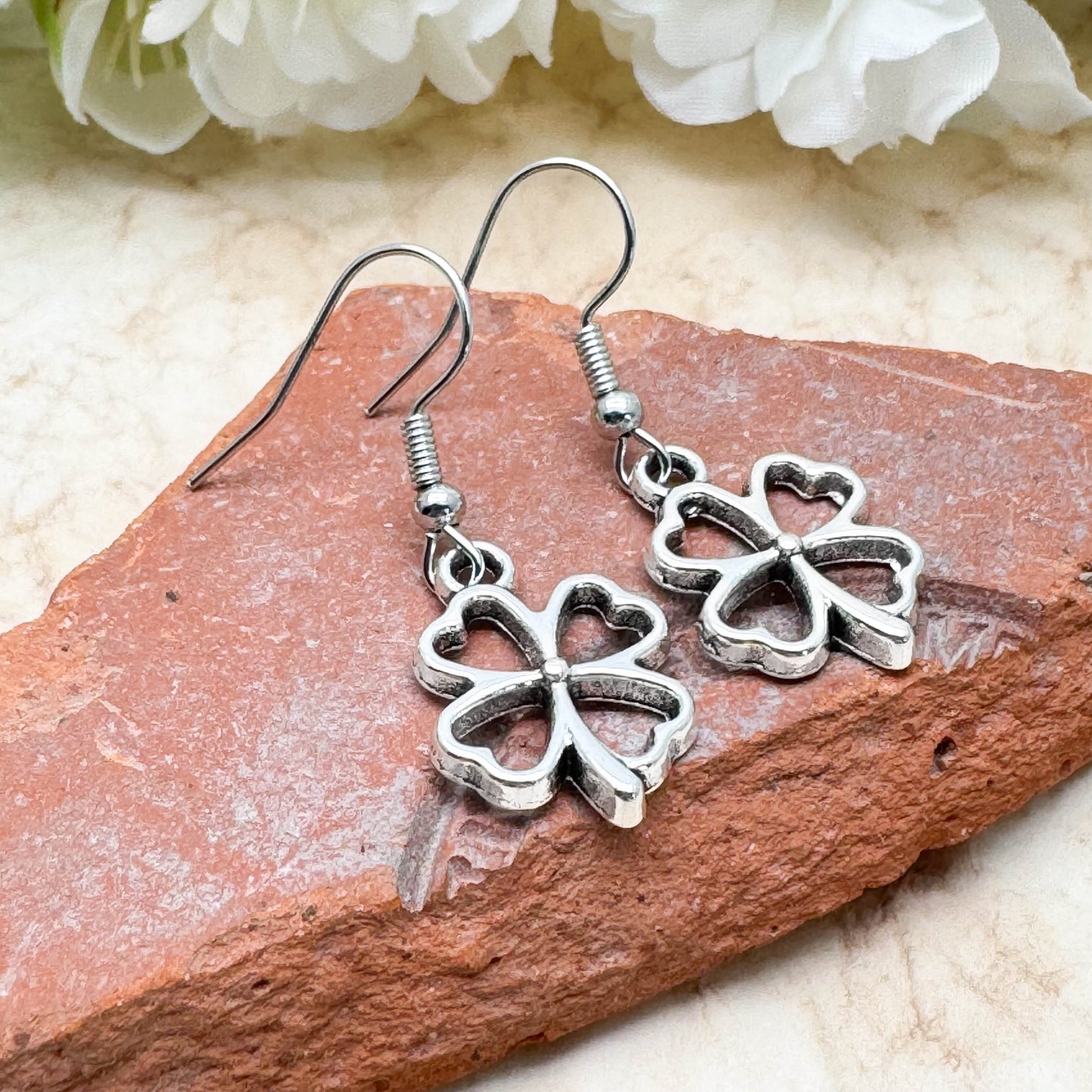 Lucky Clover Charm Earrings, Cute Hollow Tibetan Silver Tone Charms : 36mm