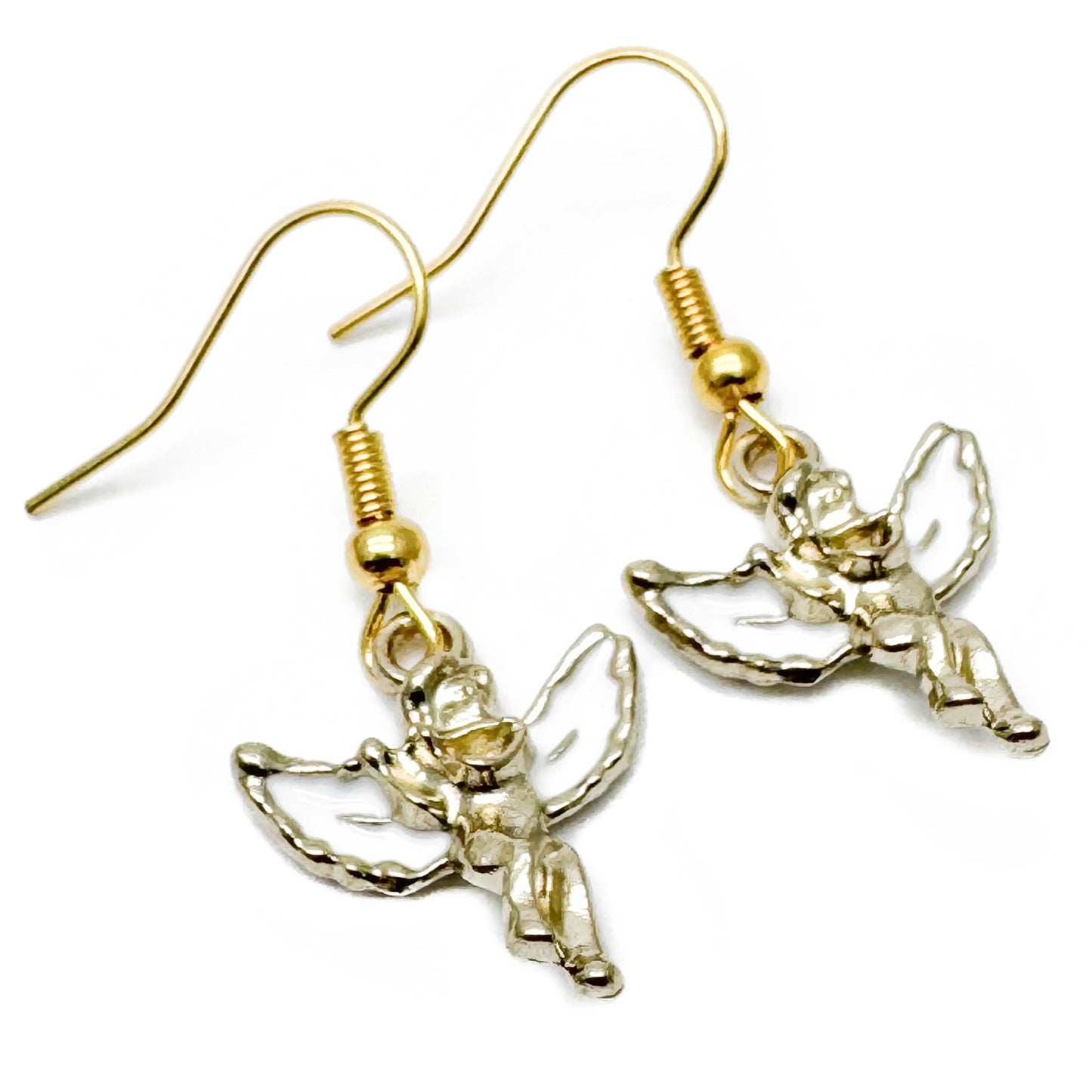 Little Angel Charm Earrings, White Enamel and Gold Cherubs : 36mm long